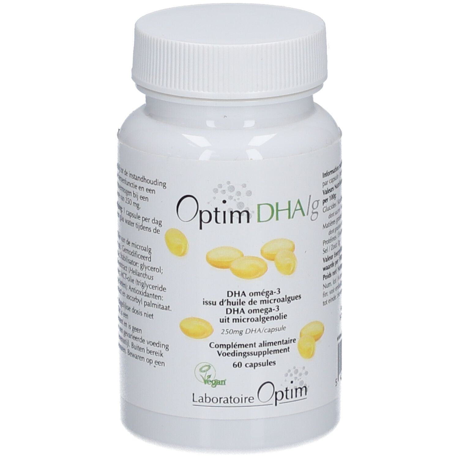 Weiße Flasche mit Kapseln. Aufschrift: Optim DHA/g, DHA Omega-3 aus Mikroalgenöl, 60 Kapseln. Vegan-Siegel.