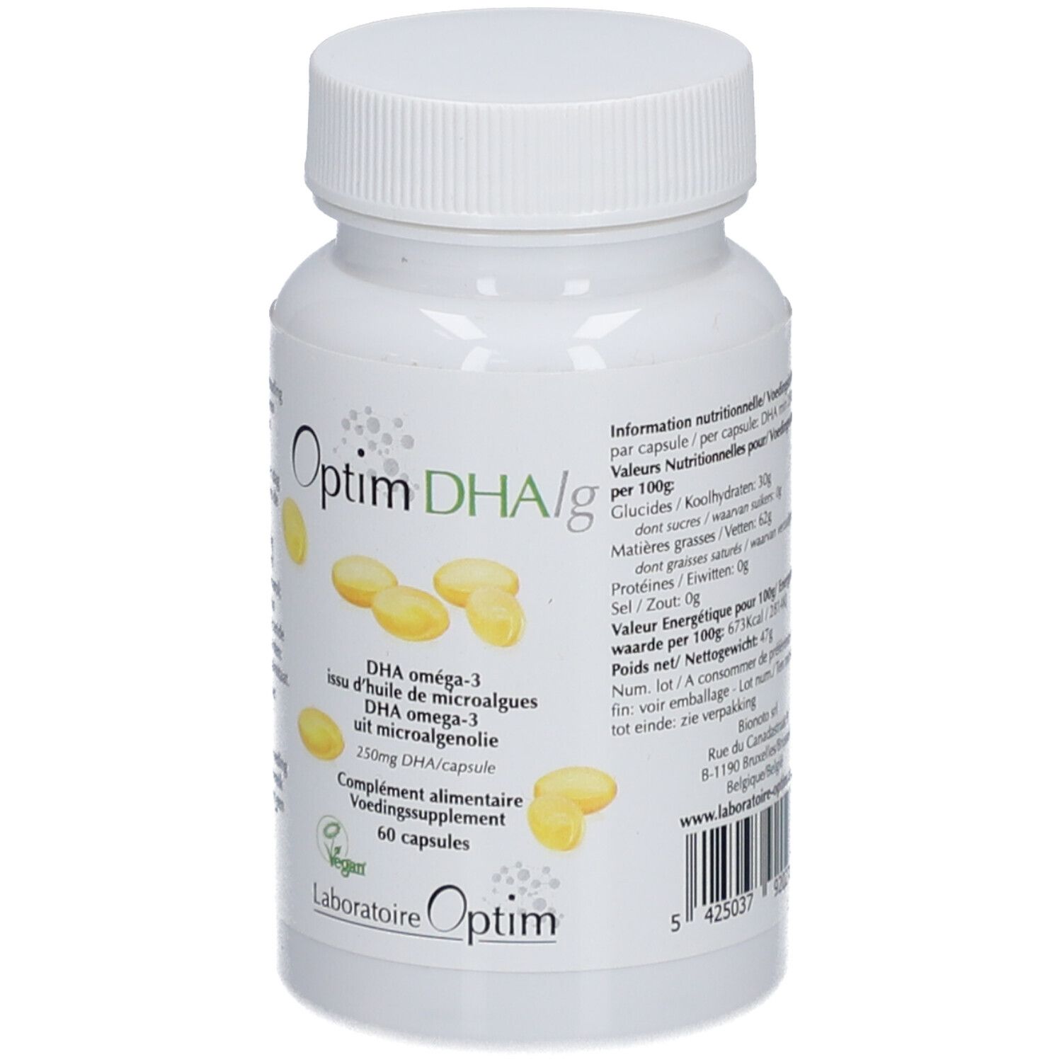 Weiße Flasche mit Kapseln. Aufschrift: Optim DHA/g, DHA Omega-3 aus Mikroalgenöl, 60 Kapseln. Vegan-Siegel.