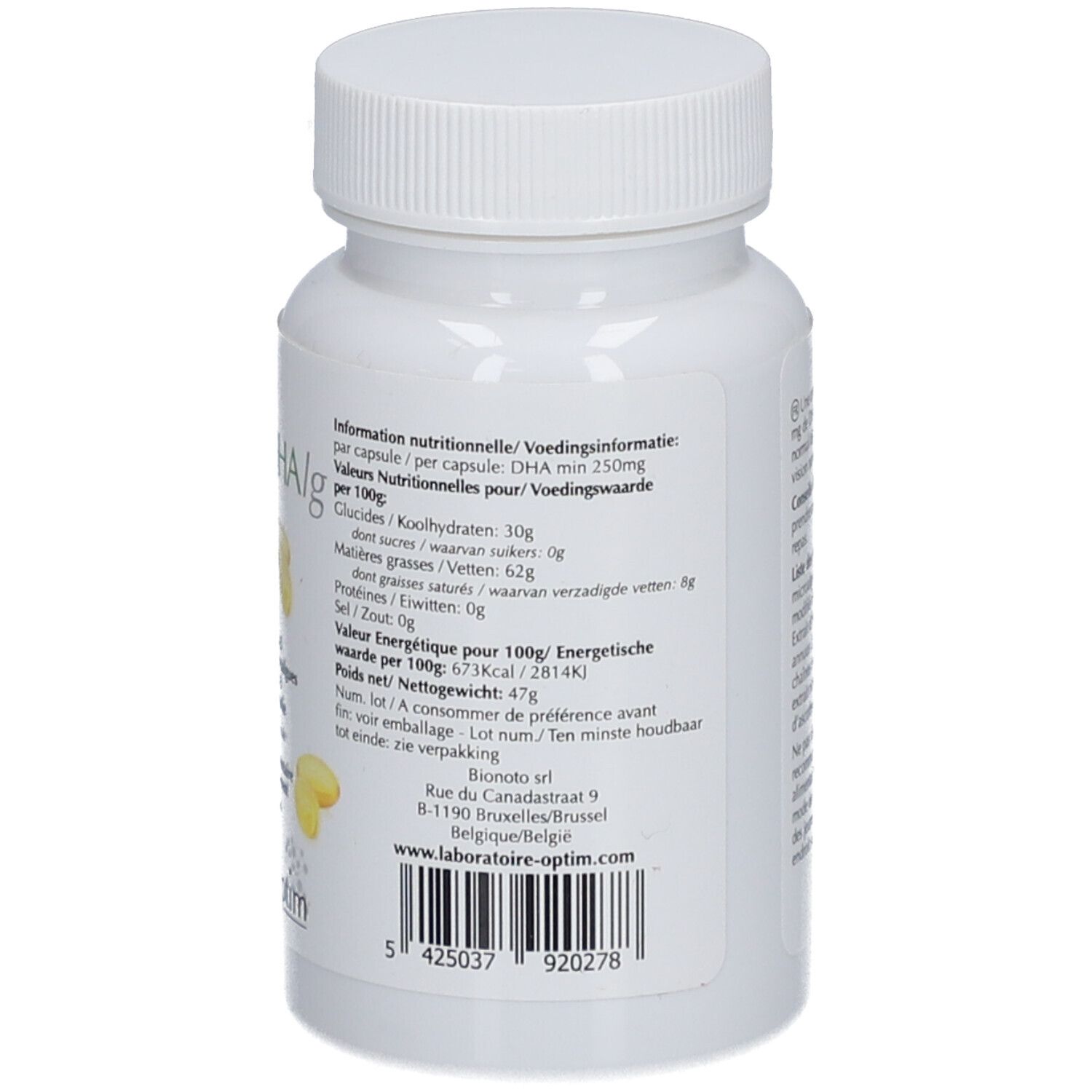Rückseite der weißen Flasche. Text: Nährwertangaben, Inhaltsstoffe, veganes Siegel, Laboratoire Optim.