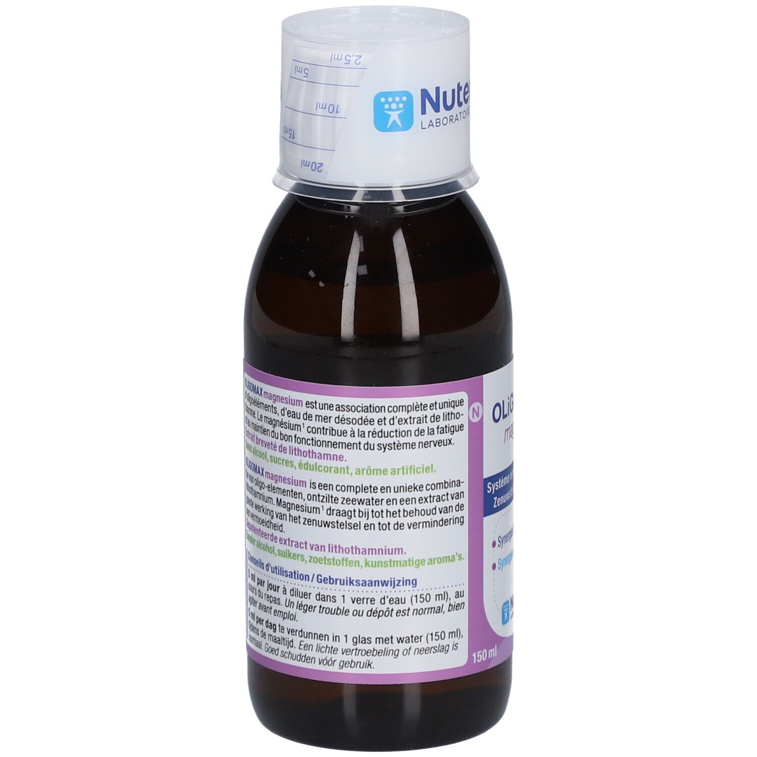 Achterkant van de bruine fles. Tekst: Oligomax Magnesium, ingrediënten, gebruiksaanwijzing. NUTERGIA Laboratoire.