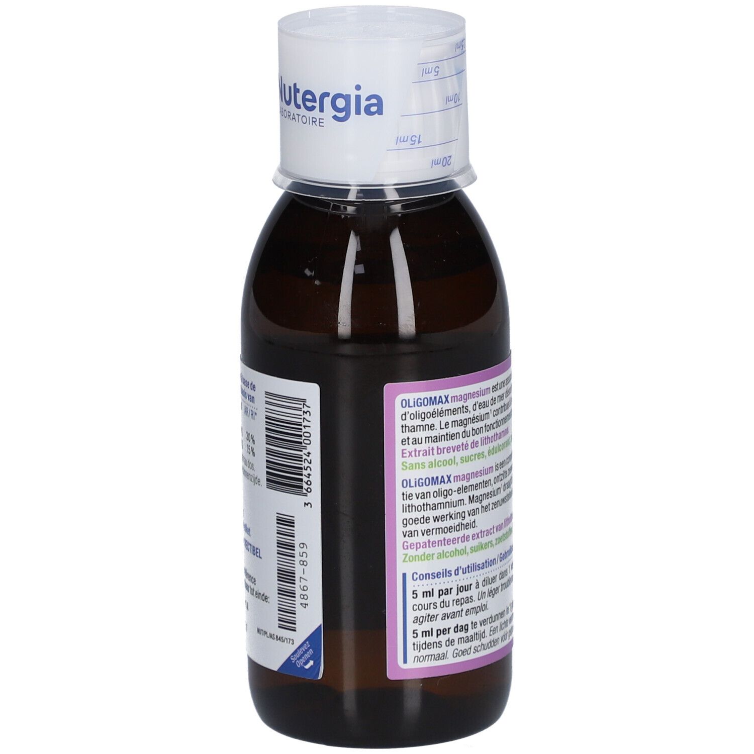 Achterkant van de bruine fles. Tekst: Oligomax Magnesium, ingrediënten, gebruiksaanwijzing. NUTERGIA Laboratoire.