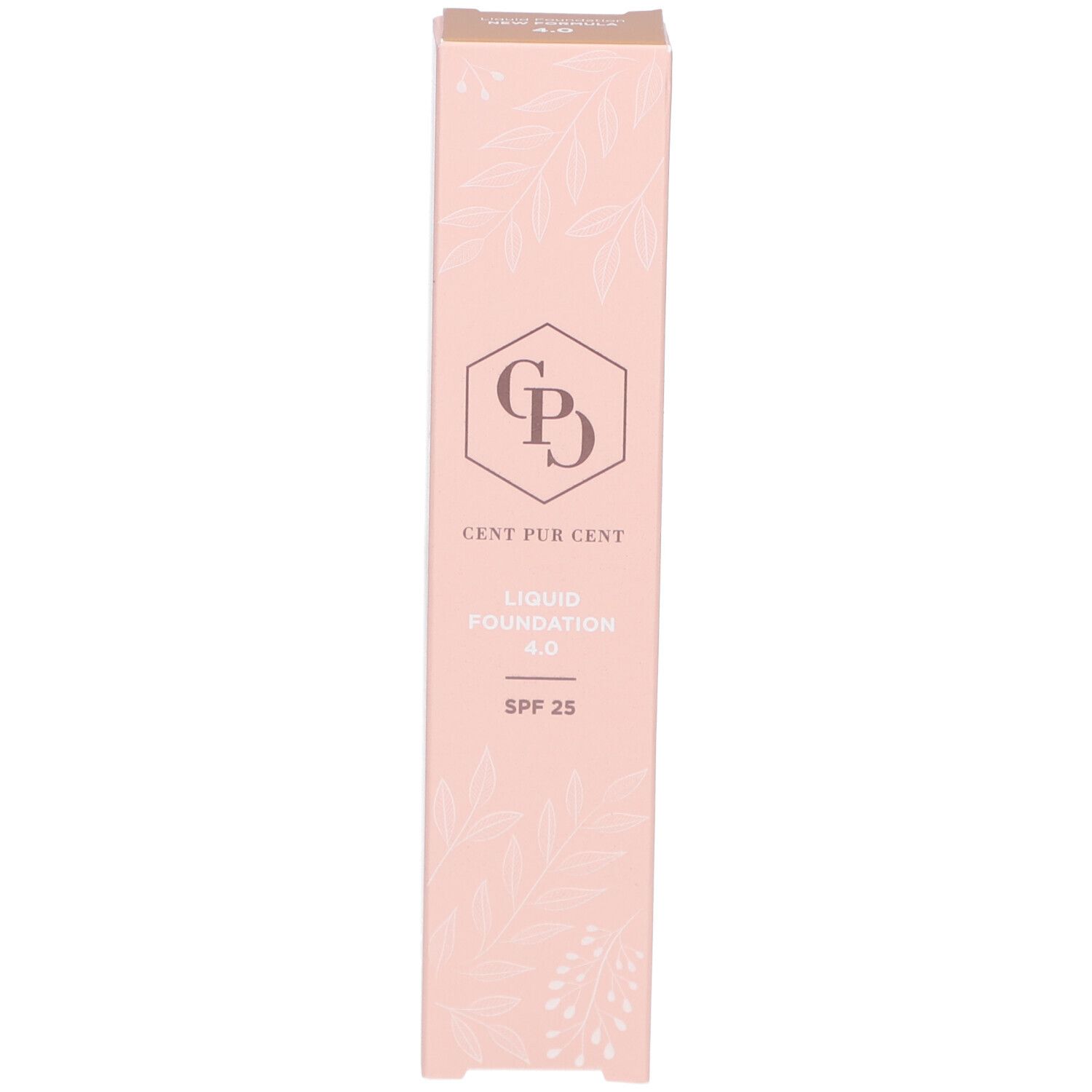 Rosa Produktverpackung. Logo, Schriftzug: Cent Pur Cent Liquid Foundation 4.0 SPF 25, floralem Muster.