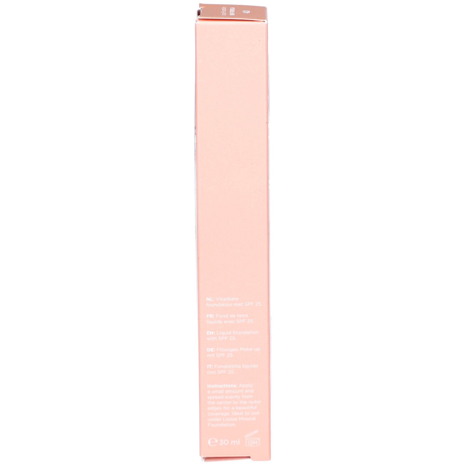Rosa Produktverpackung. Text: Inhaltsstoffe, SPF 25, E 30 ml.