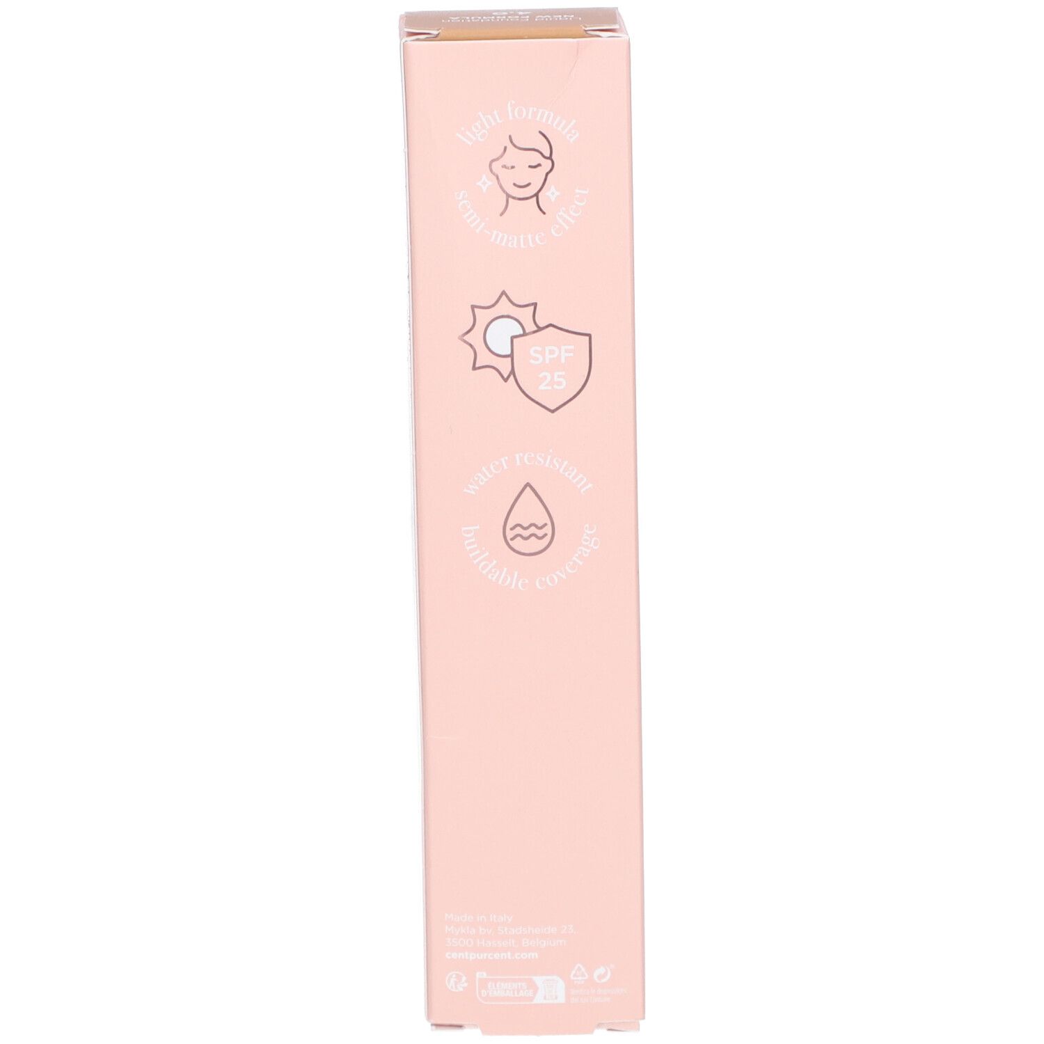 Rosa Produktverpackung. Symbole: Sonnenschutz, wasserfest, deckend, für alle Hauttypen.