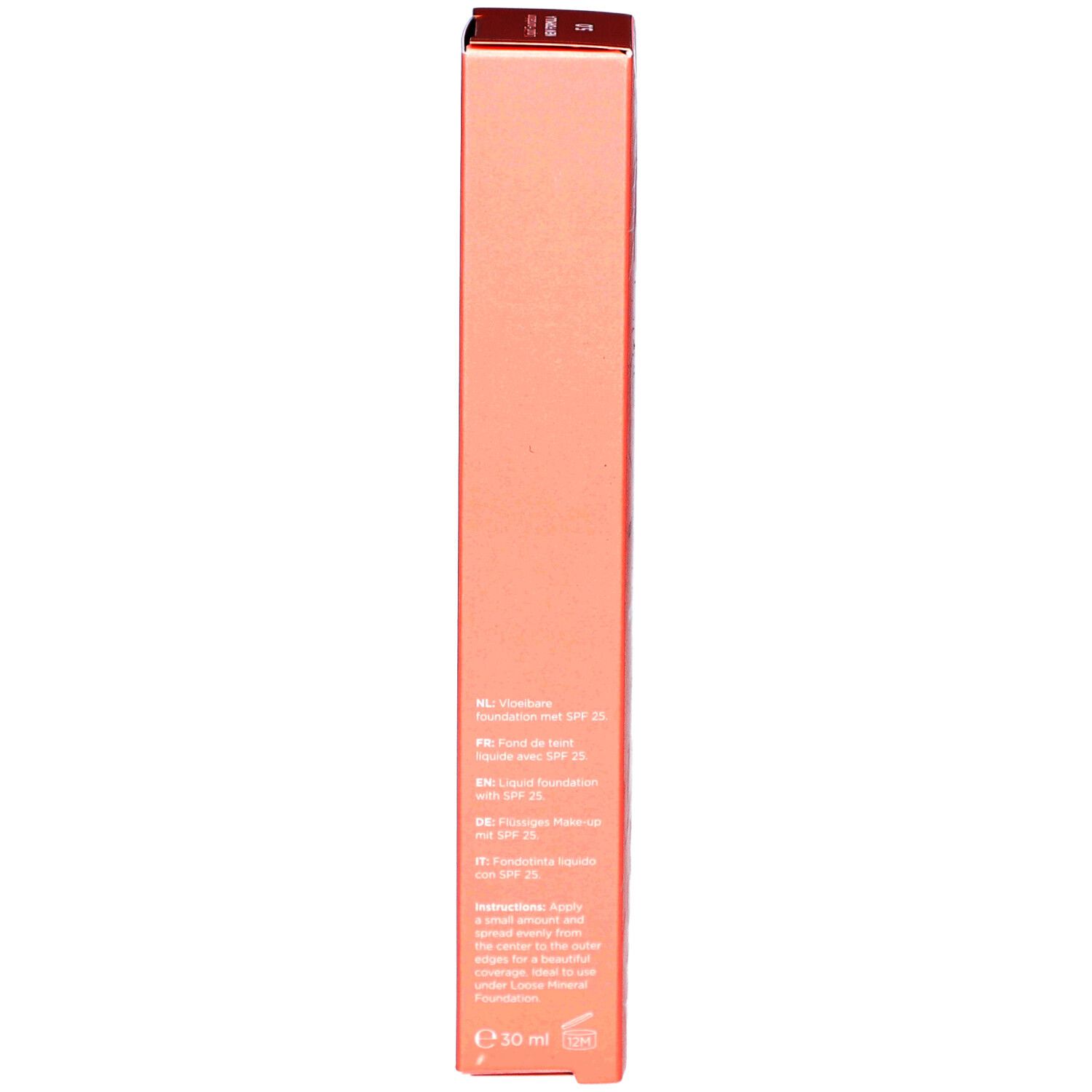 Orangefarbene Verpackung für flüssiges Make-up mit LSF 25.