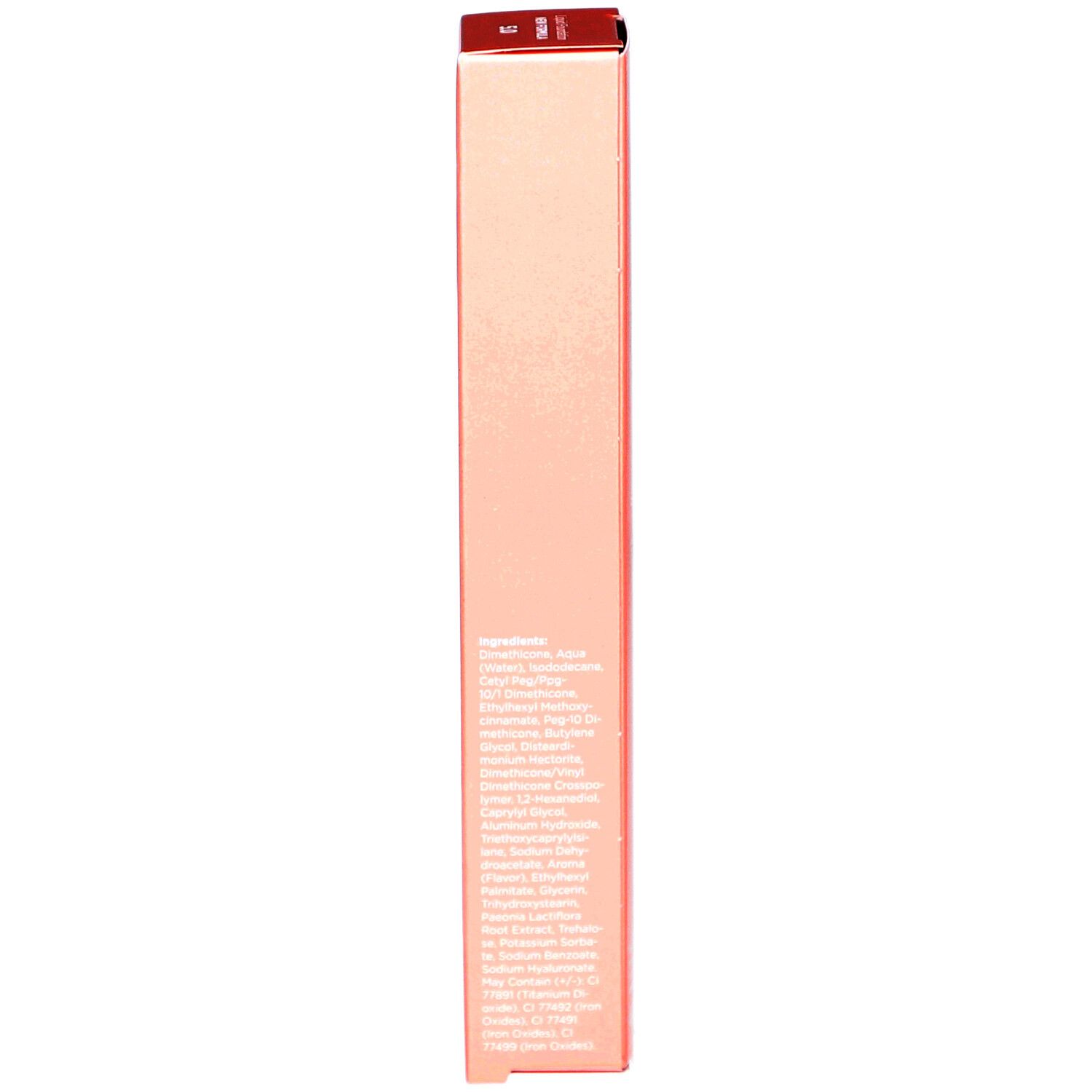 Schmale, rosafarbene Verpackung mit rotem Deckel. Enthält eine Liste von Inhaltsstoffen.