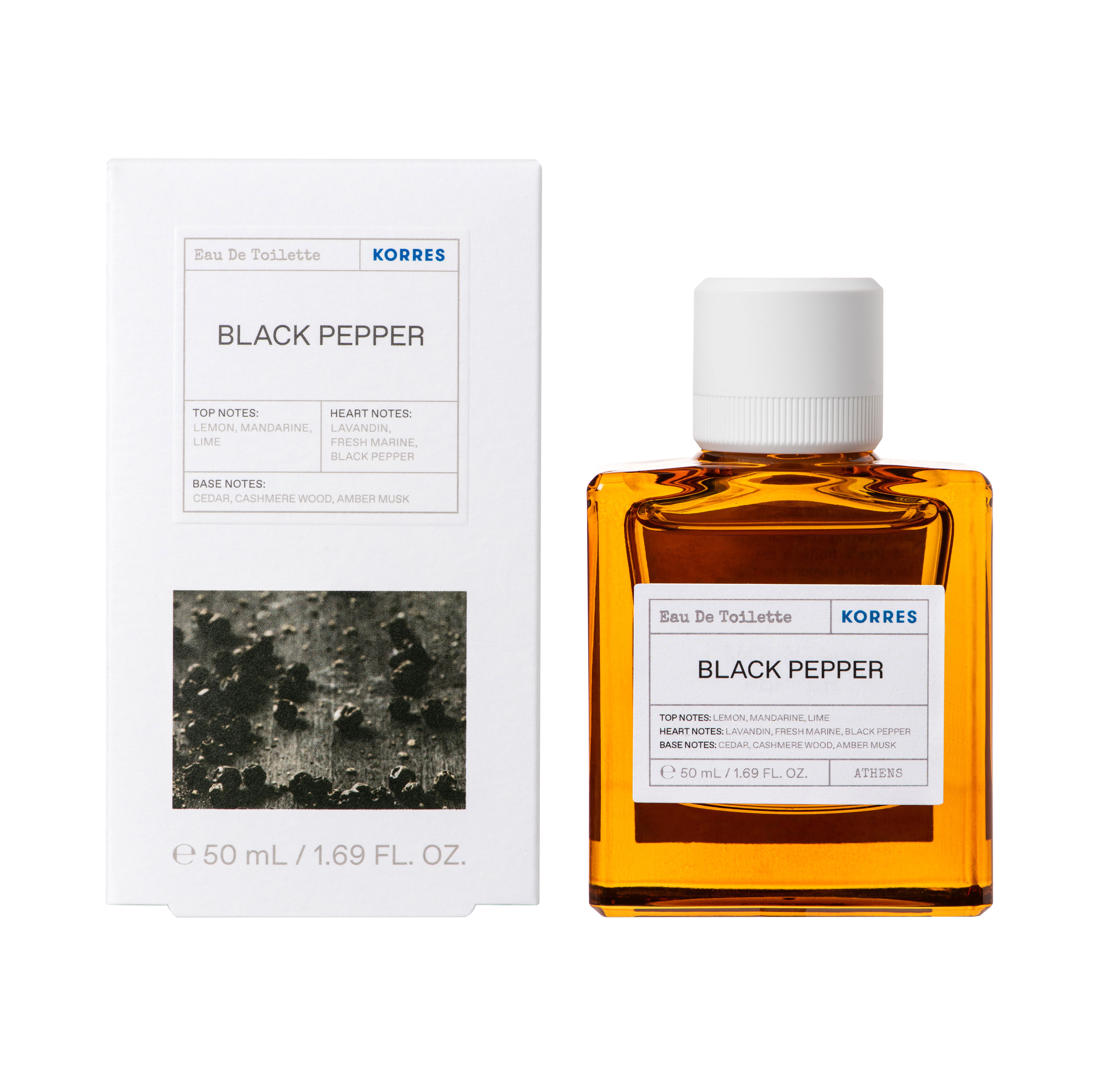 Korres Black Pepper Eau de Toilette. Fles en verpakking. 50 ml. Wit etiket met productinformatie.