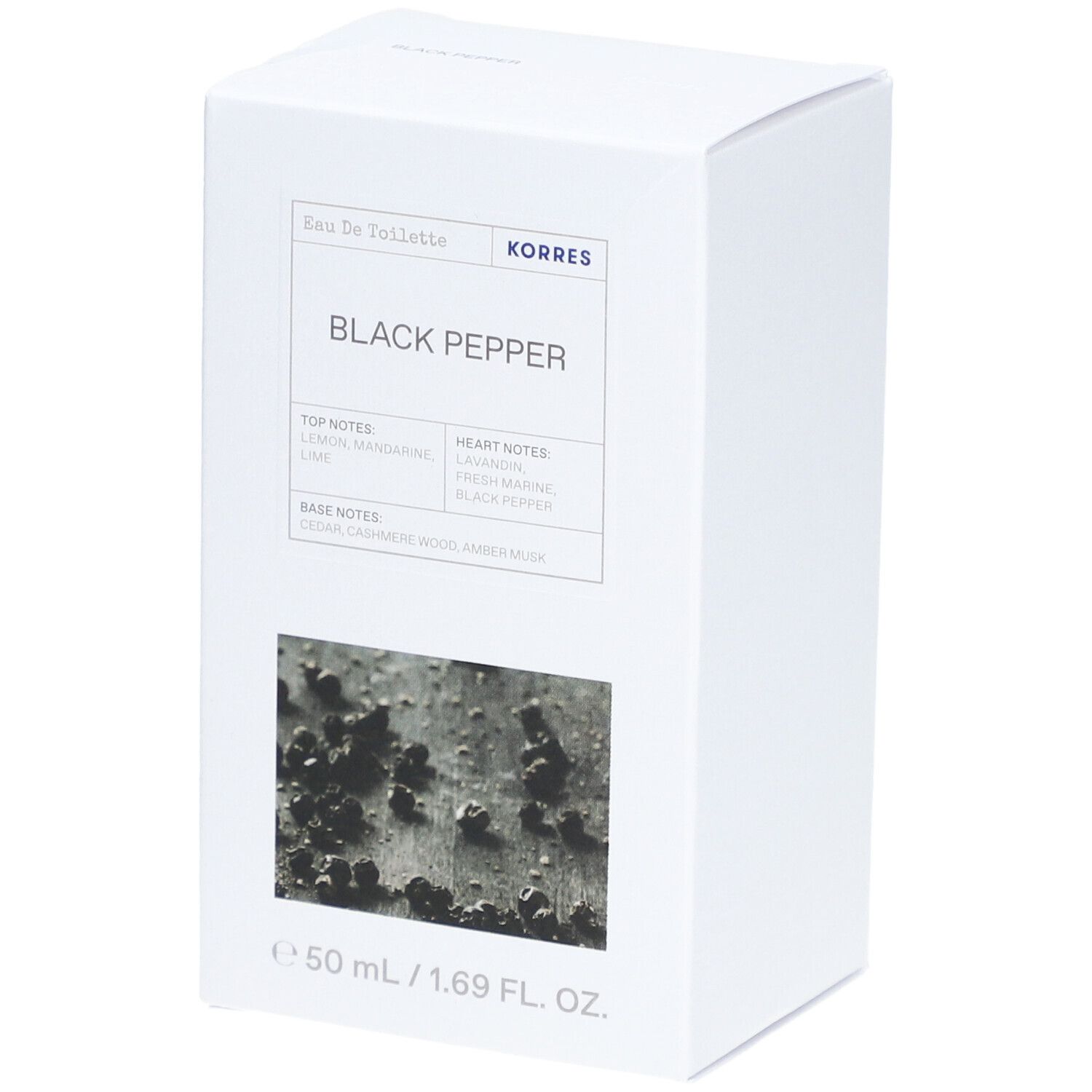 Witte verpakking voor Korres Black Pepper Eau de Toilette. Productnaam en informatie op de voorkant. 50 ml.