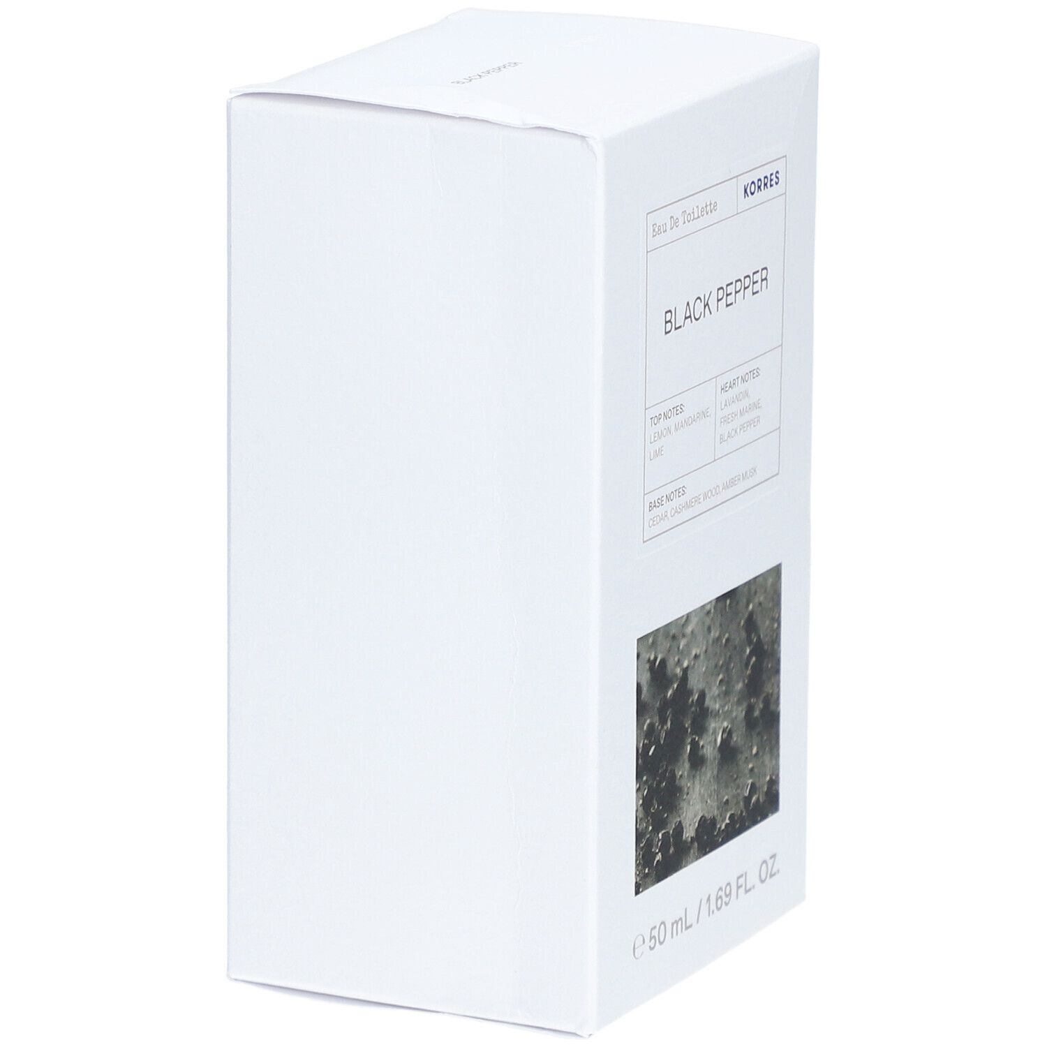 Witte verpakking voor Korres Black Pepper Eau de Toilette. Productnaam en informatie op de voorkant. 50 ml.