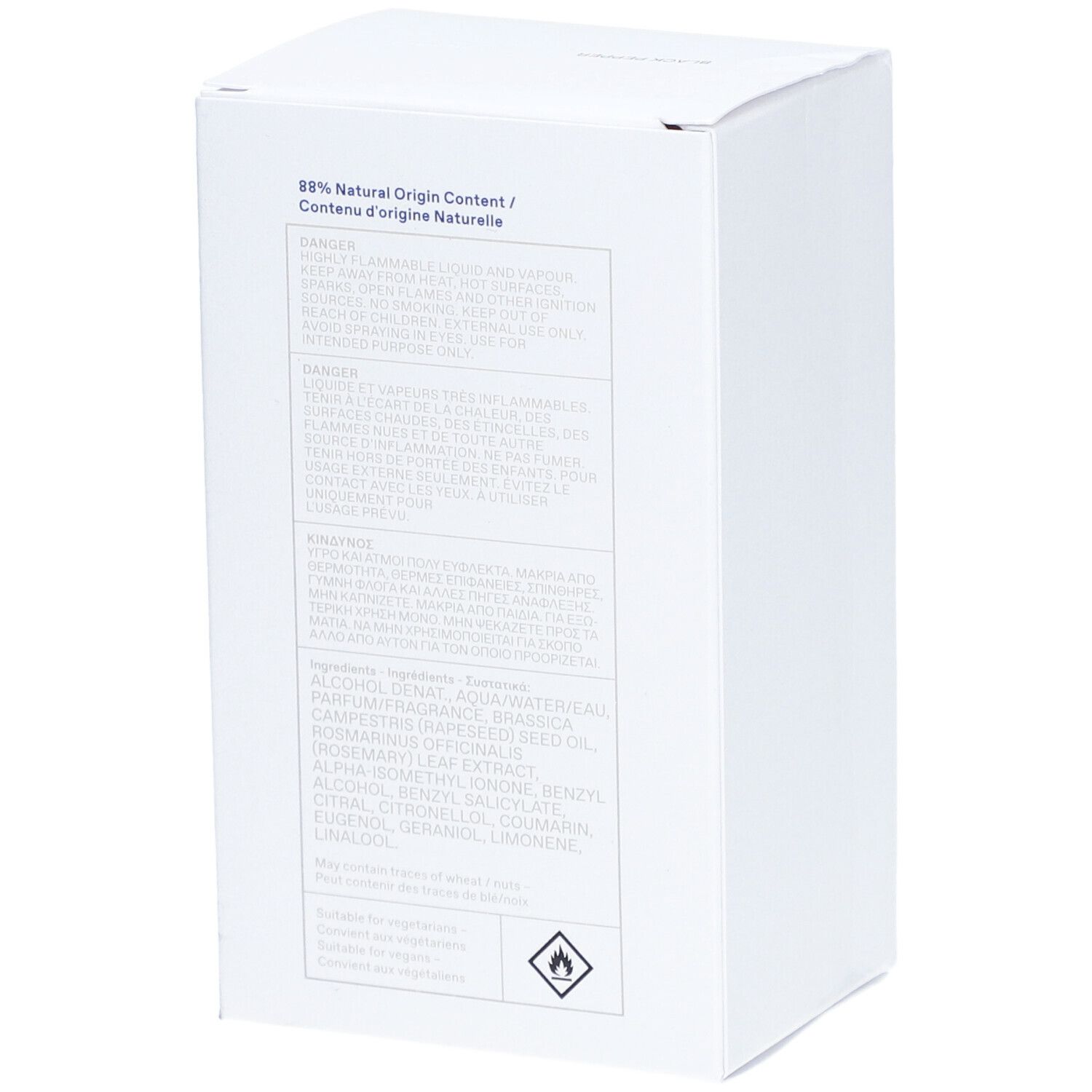 Witte verpakking voor Korres Black Pepper Eau de Toilette. Productnaam en informatie op de voorkant. 50 ml.