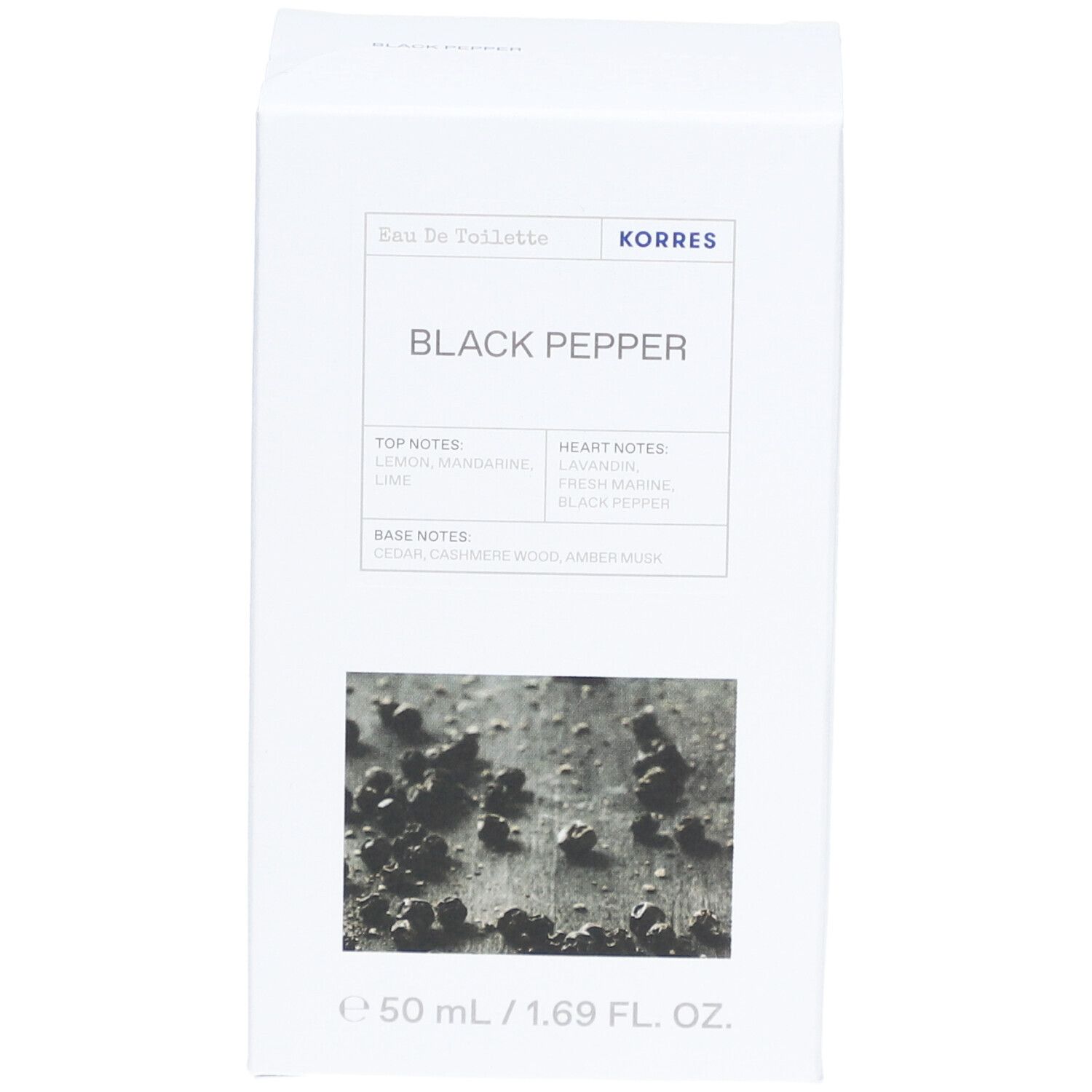 Witte verpakking voor Korres Black Pepper Eau de Toilette. Achterkant met ingrediënten en waarschuwingen.