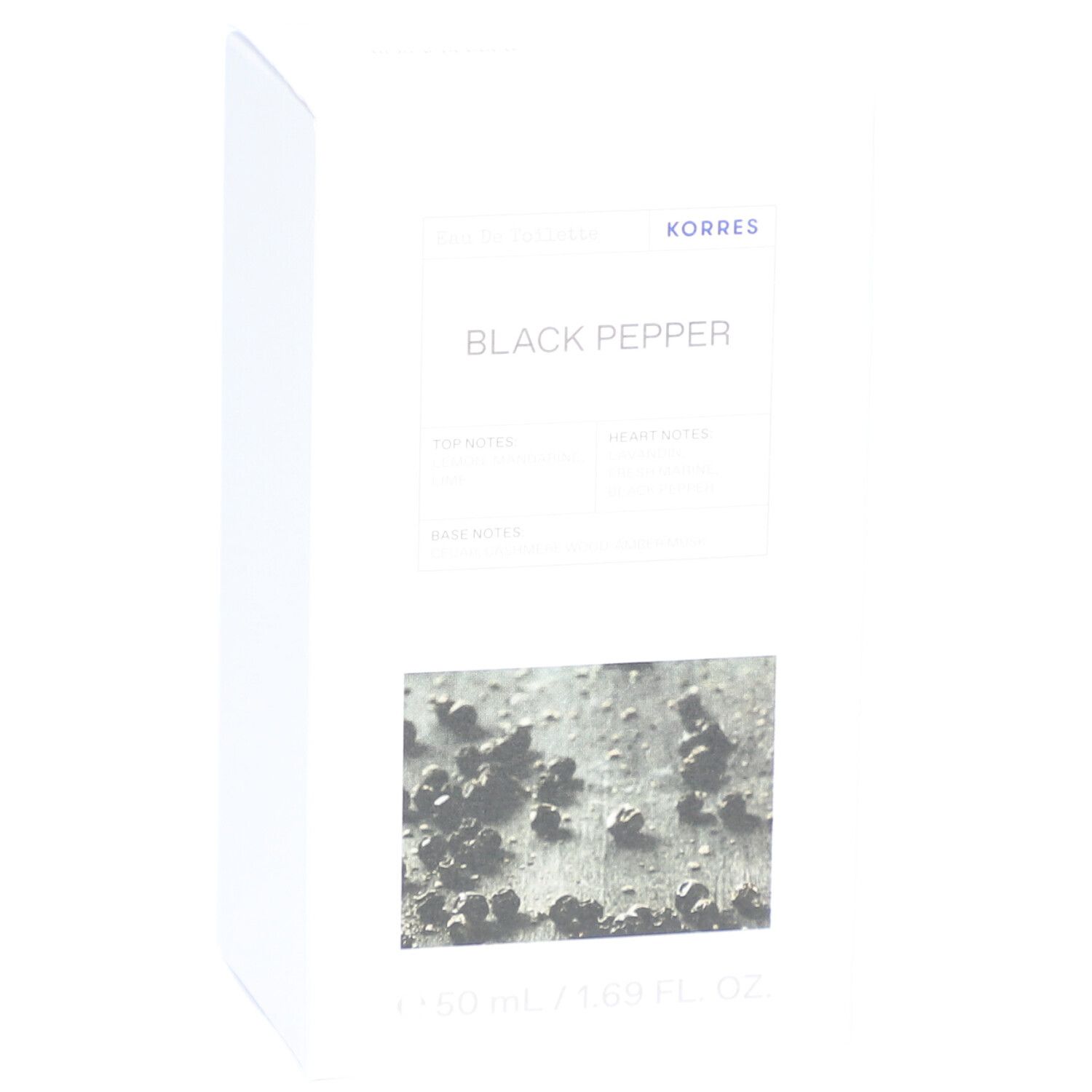 Witte verpakking voor Korres Black Pepper Eau de Toilette. Productnaam en informatie op de voorkant. 50 ml.