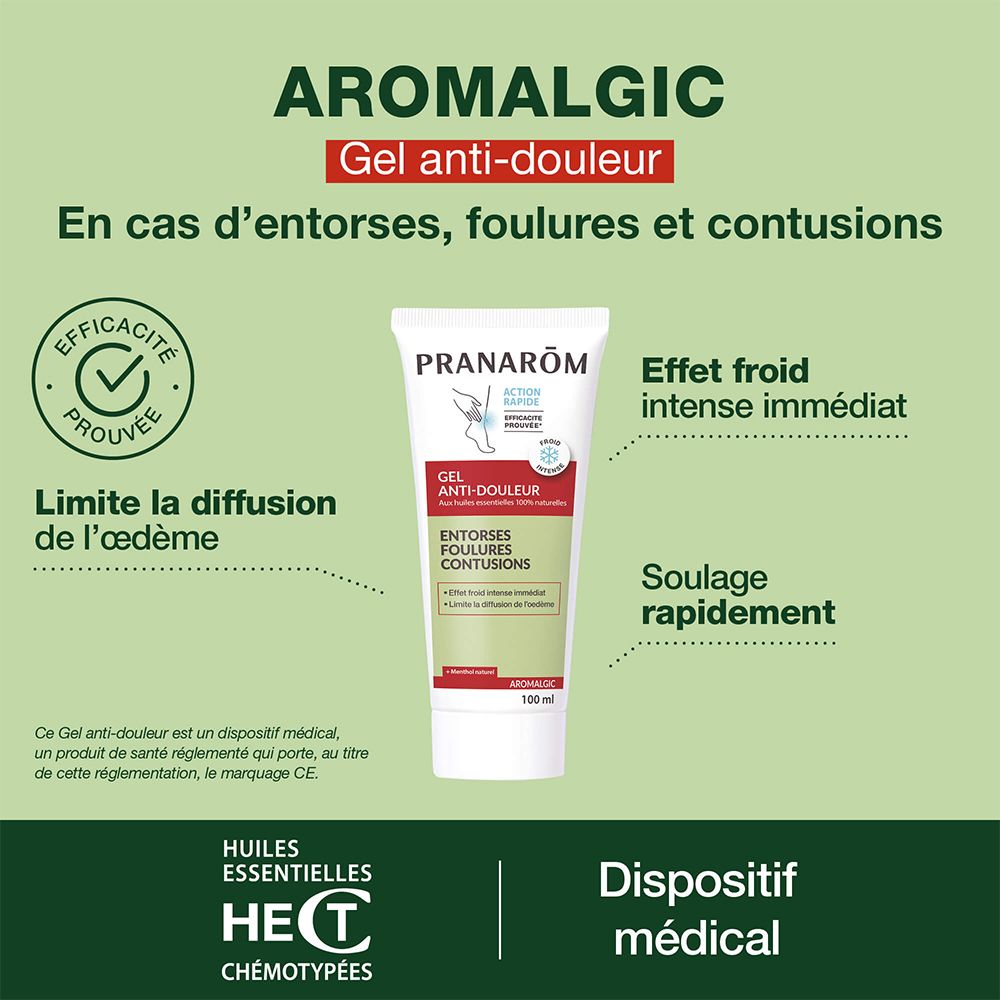 Tube mit Produkt. Aufschrift: Pranarôm, Gel Anti-douleur, Entorses, Foulures, Contusions. Mit 100% natürlichen Ölen. Medizinprodukt.