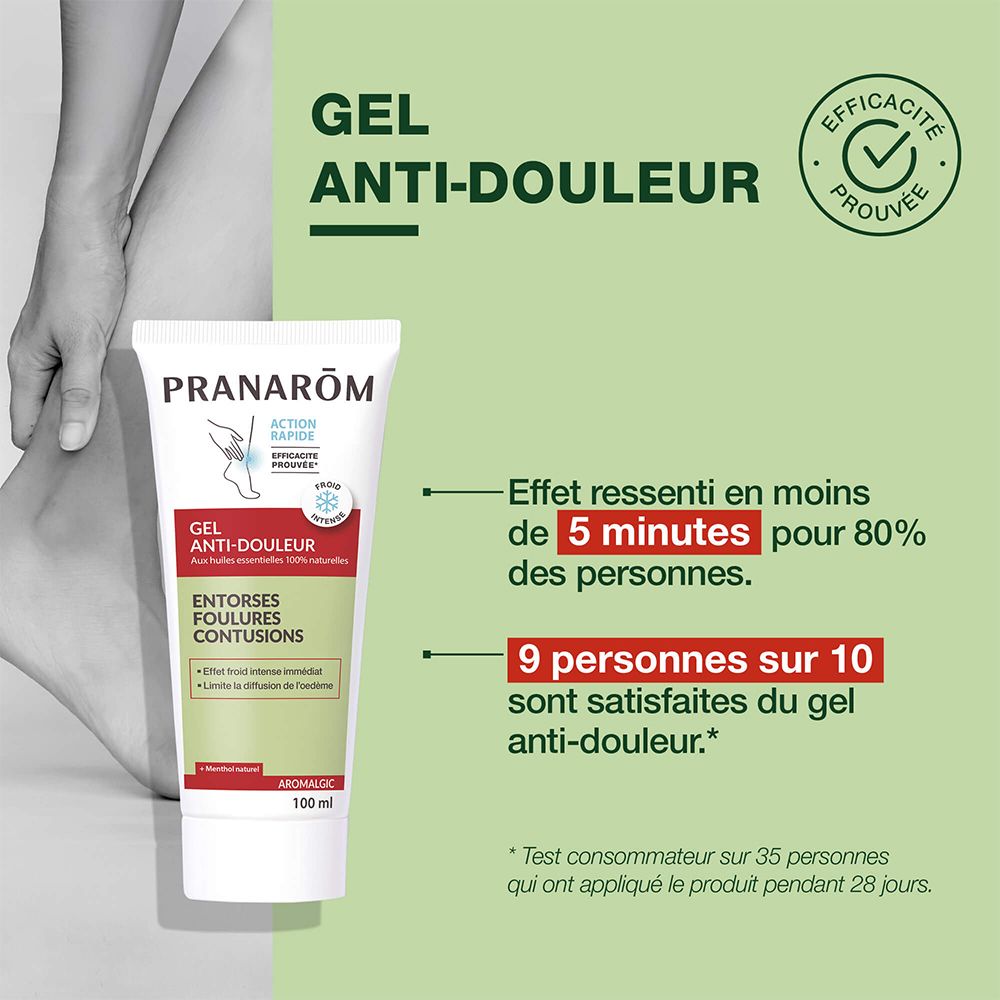 Tube mit Produkt. Aufschrift: Pranarôm, Gel Anti-douleur. Text: Wirkung in 5 Minuten. 9 von 10 Personen zufrieden.