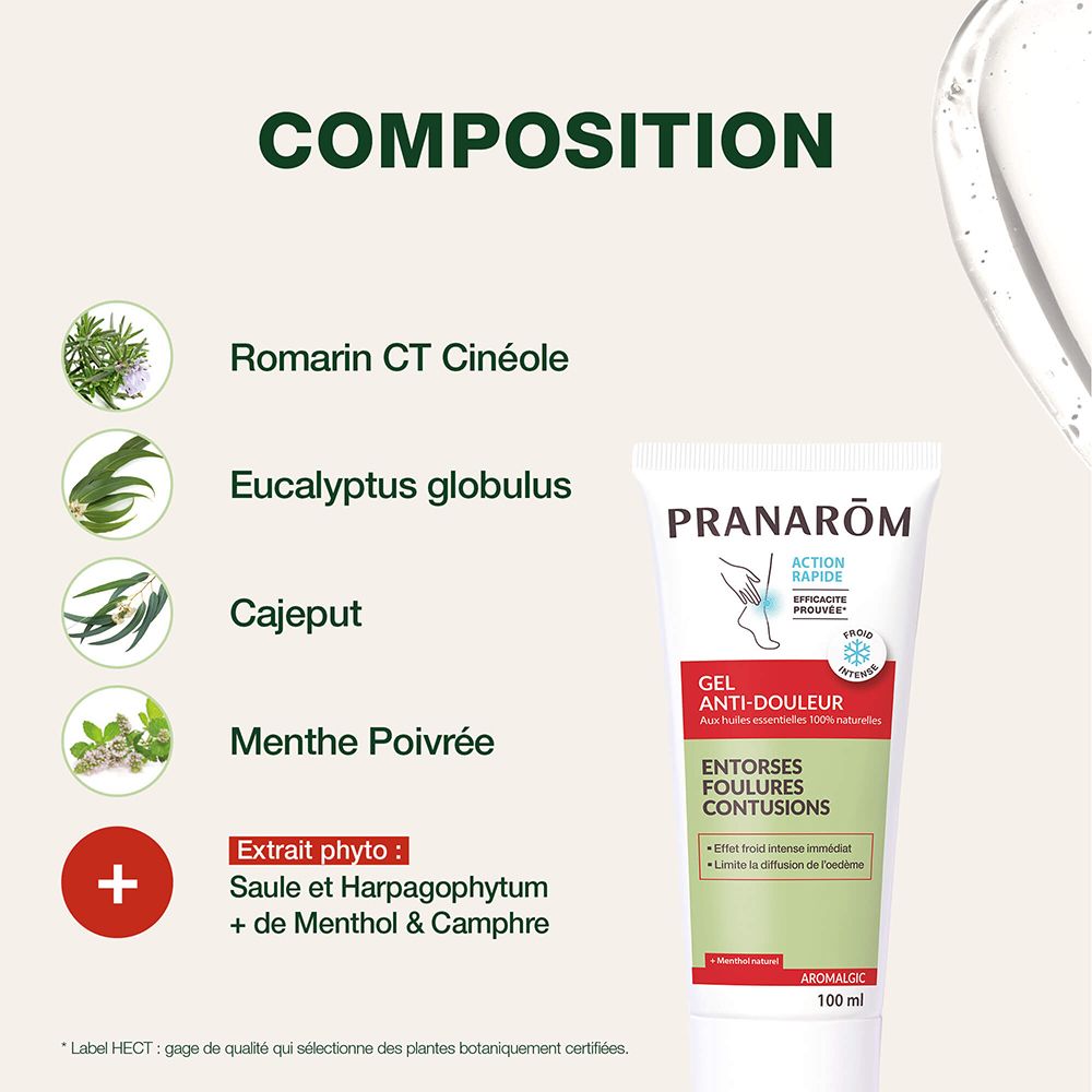 Produkt-Tube und Zutaten. Aufschrift: Pranarôm, Gel Anti-douleur. Zutaten: Rosmarin, Eukalyptus, Cajeput, Pfefferminze.
