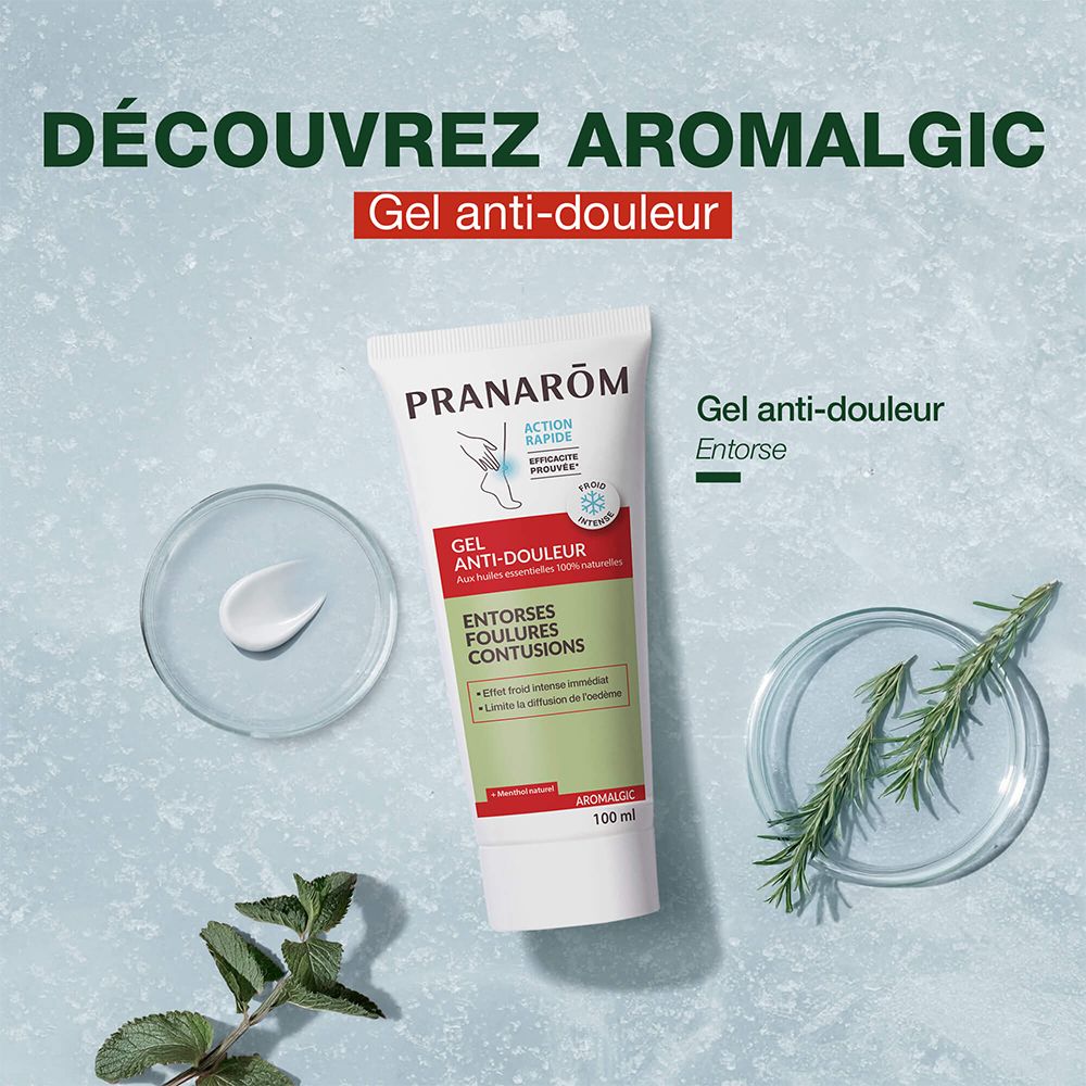 Tube mit Produkt und Kräutern. Aufschrift: Pranarôm, Gel Anti-douleur, Entorse, Entorses, Foulures, Contusions.