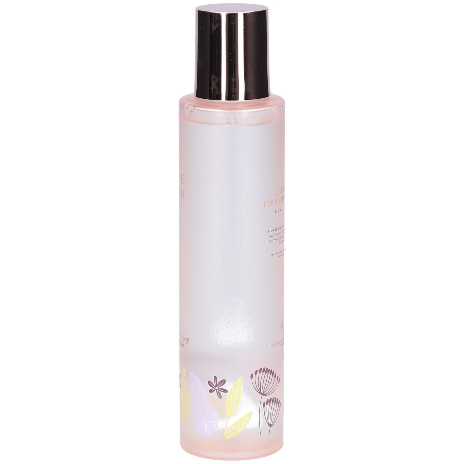 Cilindrische fles met zilveren dop. Bloemenpatroon onderaan. Roze tint. Tekst onleesbaar.