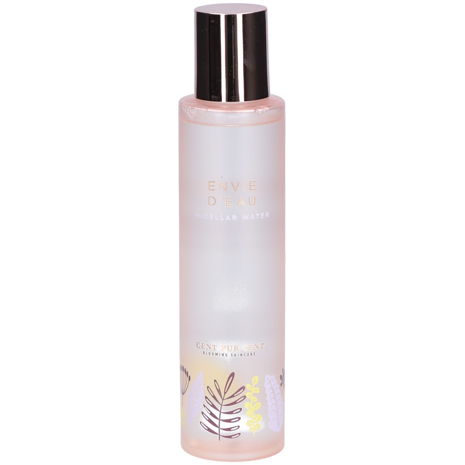 Cilindrische fles met zilveren dop. Opschrift: ENVIE D'EAU MICELAR WATER. Bloemenpatroon onderaan. Roze tint.
