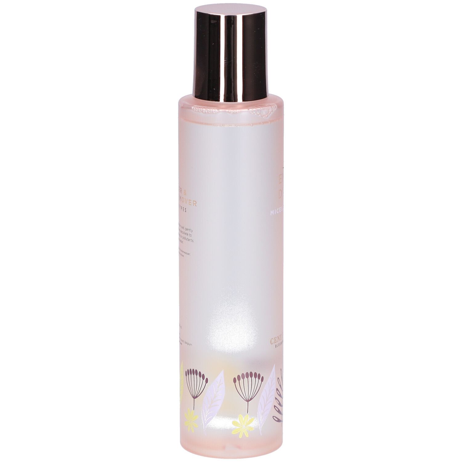 Cilindrische fles met zilveren dop. Bloemenpatroon onderaan. Roze tint. Tekst onleesbaar.