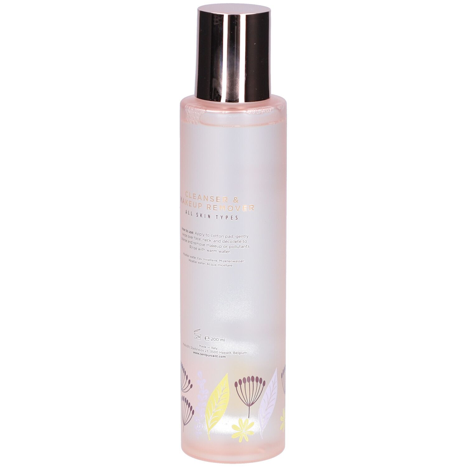 Cilindrische fles met zilveren dop. Opschrift: CLEANSER & MAKEUP REMOVER. Voor alle huidtypen. Bloemenpatroon.