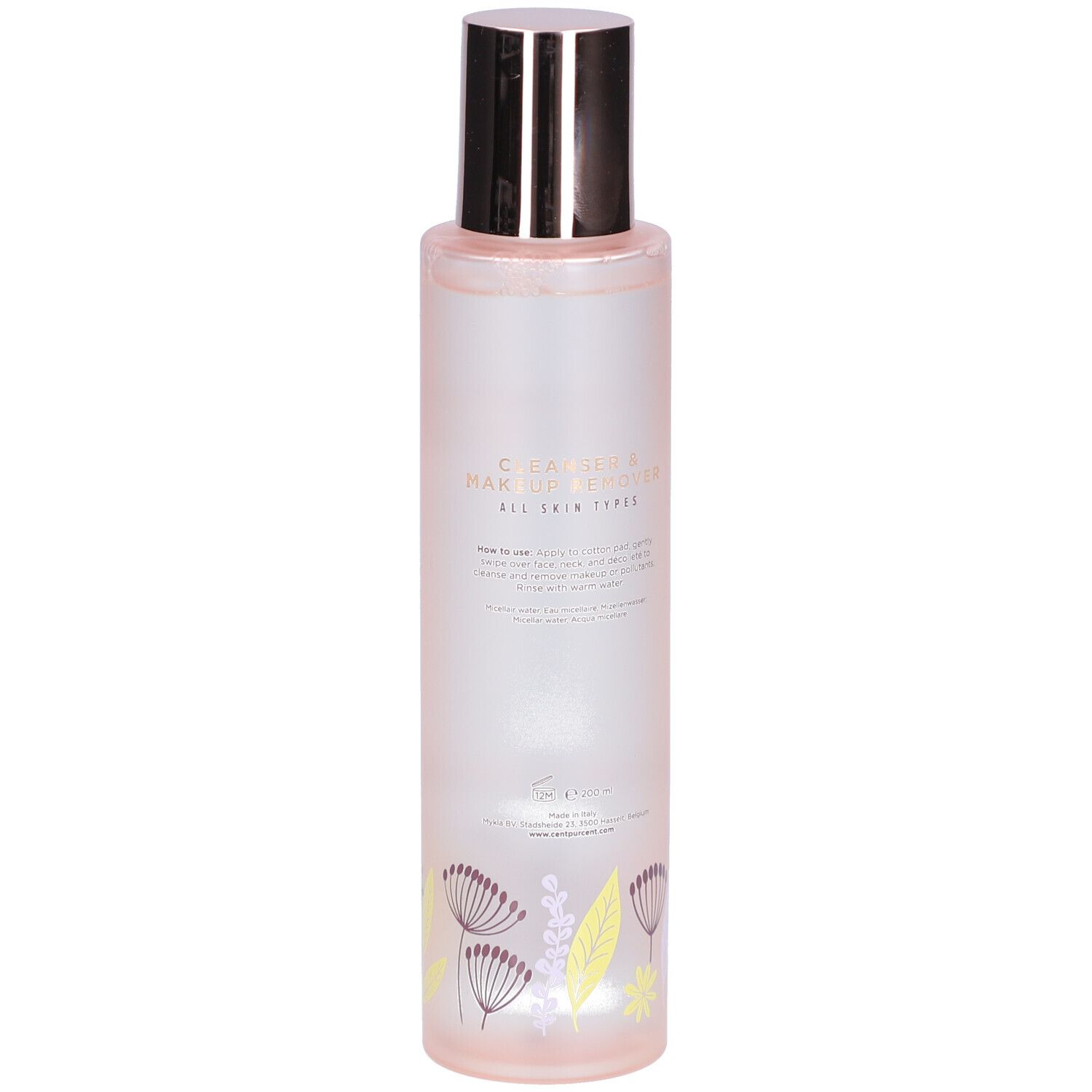 Cilindrische fles met zilveren dop. Opschrift: CLEANSER MAKEUP REMOVER. Voor alle huidtypen. Bloemenpatroon.
