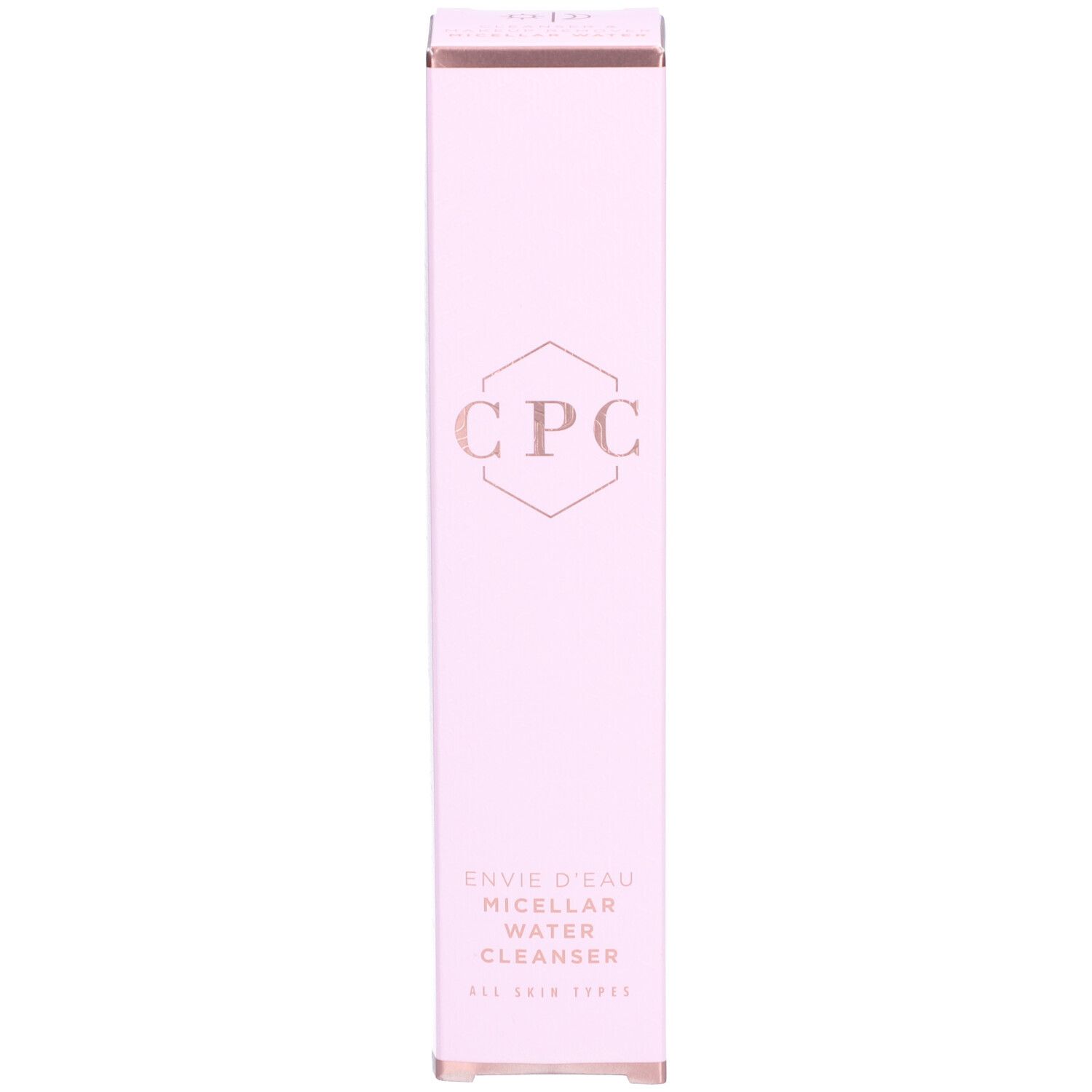 Roze doos. Opschrift: CPC, ENVIE D'EAU, MICELAR WATER CLEANSER. Voor alle huidtypen. Rechthoekige vorm.