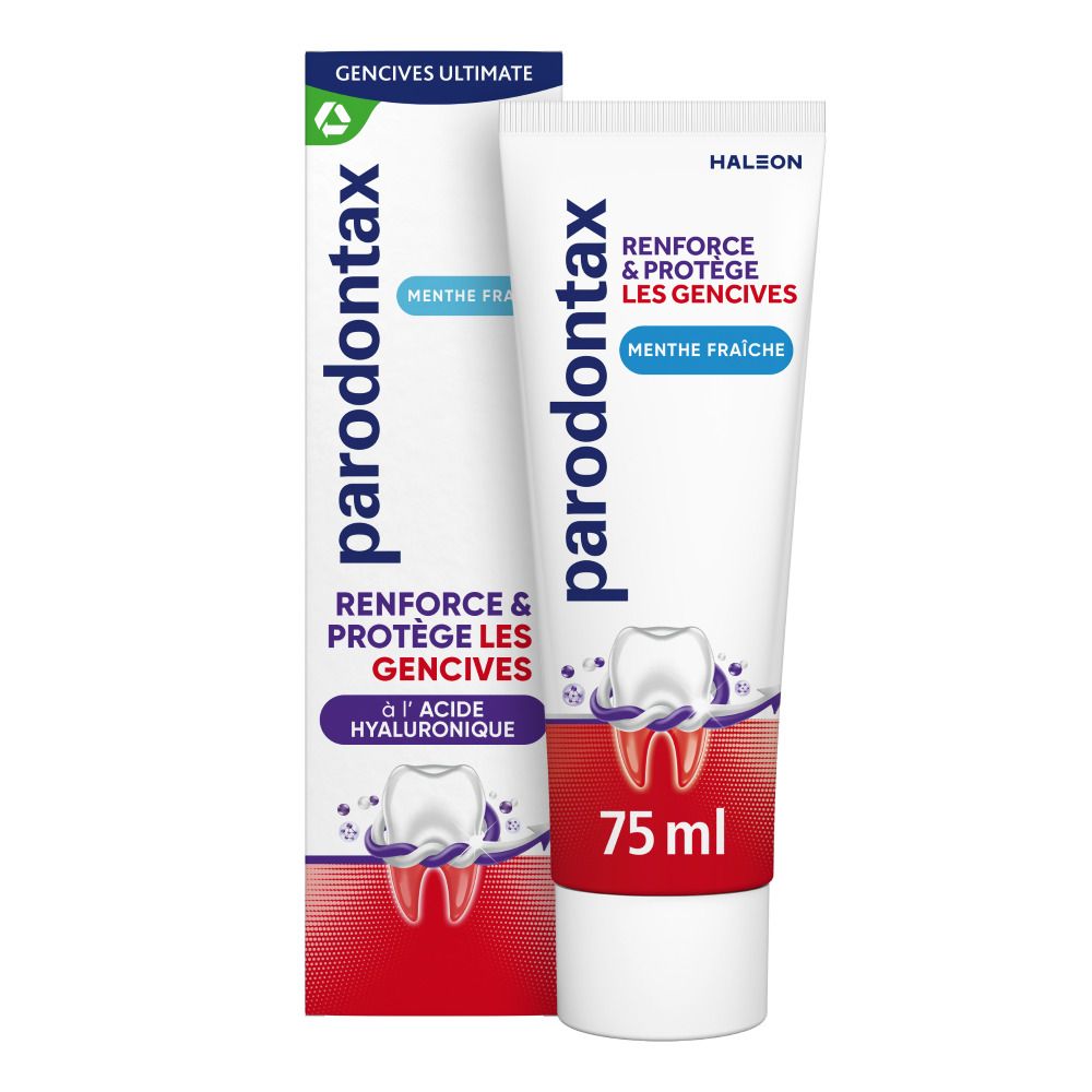 Tube et boîte de dentifrice Parodontax, Fresh Mint. Blanc, rouge, violet. 75 ml.