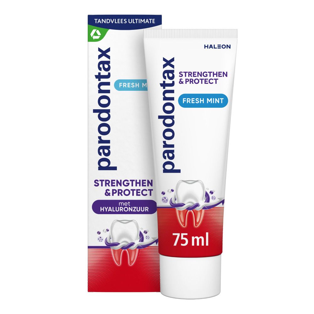 Tandpasta tube en doos. Parodontax, Fresh Mint. Wit, rood, paars. 75 ml.