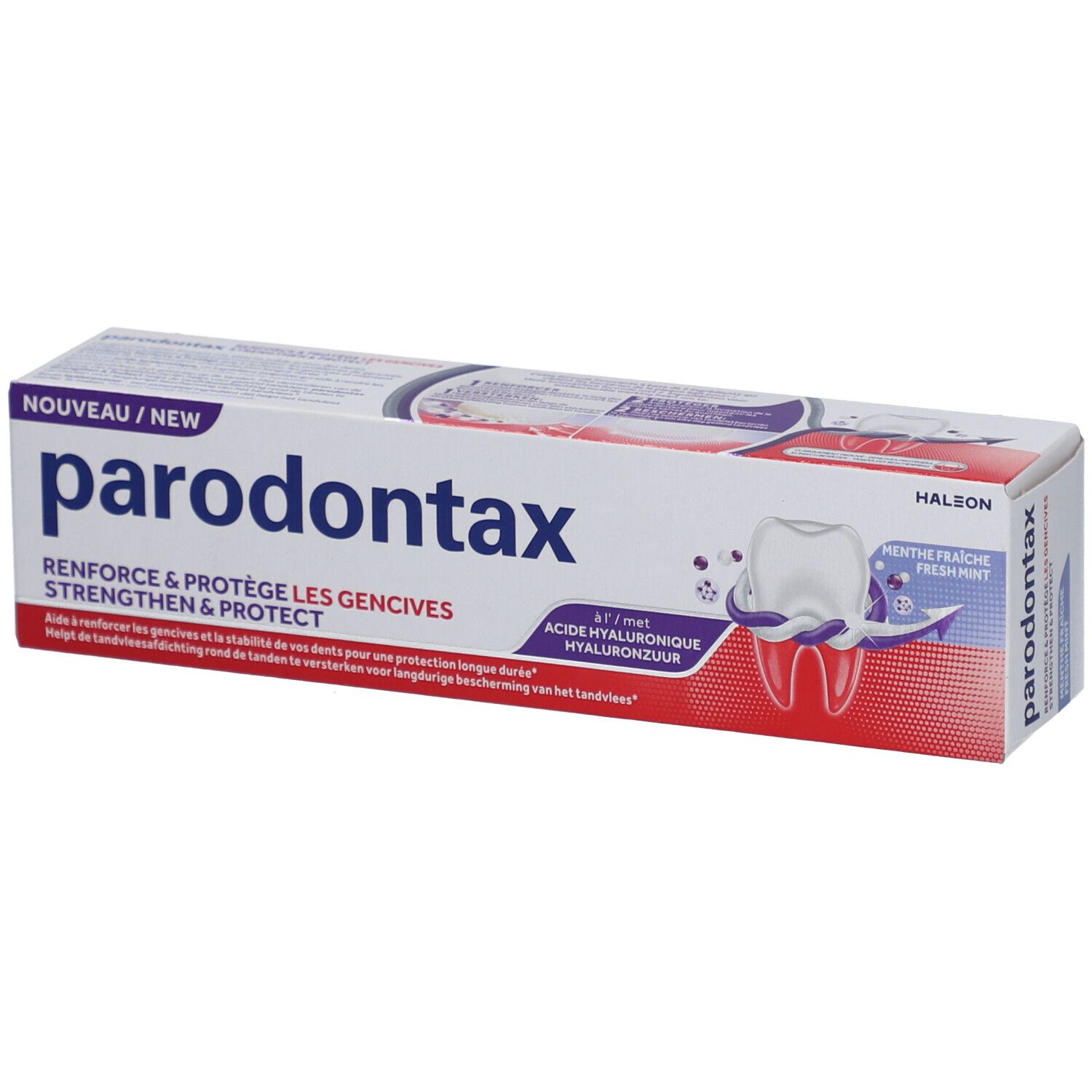 Tandpastadoos. Parodontax, Strengthen & Protect, Fresh Mint. Wit, rood, paars. Tekst: Nieuw.