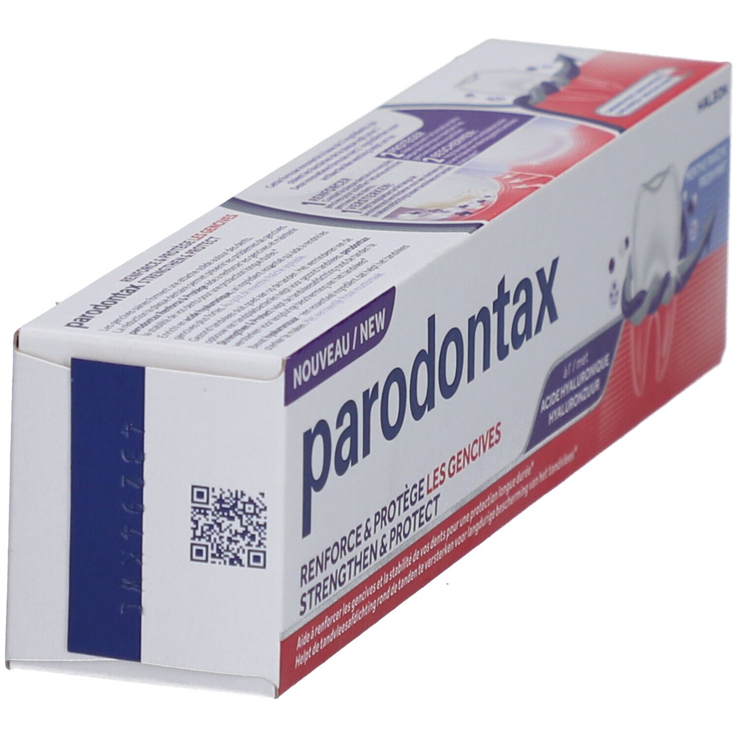 Tandpastadoos. Parodontax, Strengthen & Protect, Fresh Mint. Wit, rood, paars. QR-code.