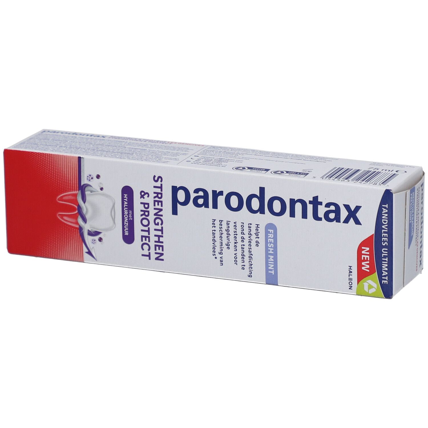 Tandpastadoos. Parodontax, Strengthen & Protect, Fresh Mint. Wit, rood, paars. Tekst: Nieuw.
