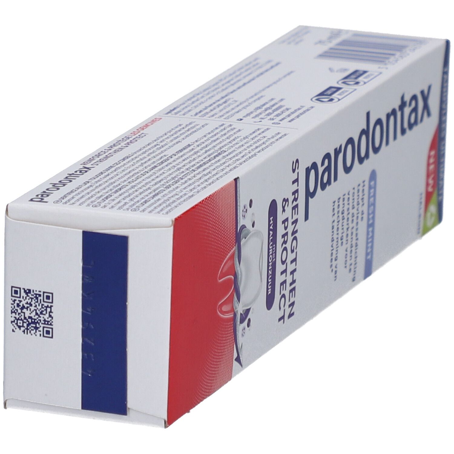 Tandpastadoos. Parodontax, Strengthen & Protect, Fresh Mint. Wit, rood, paars. QR-code.