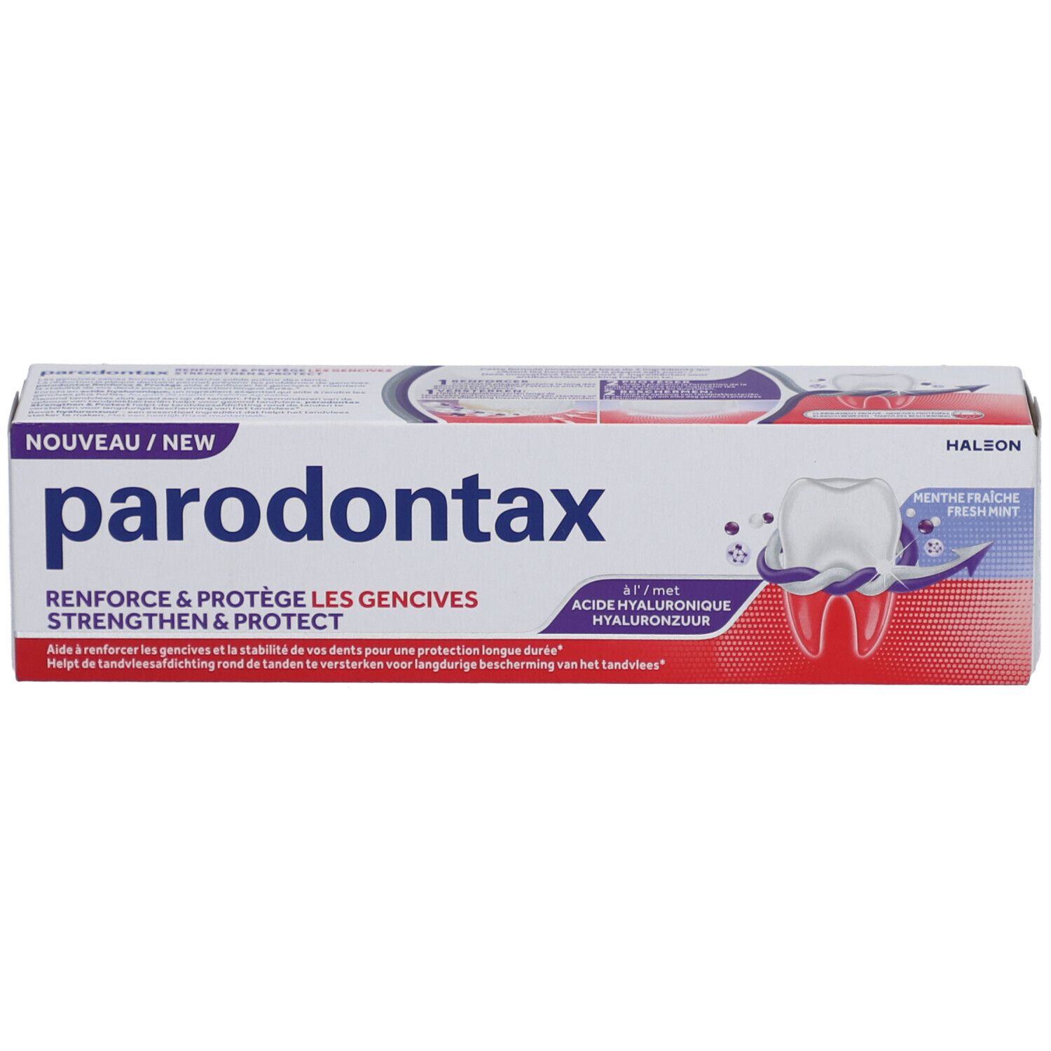 Tandpastadoos. Parodontax, Strengthen & Protect, Fresh Mint. Wit, rood, paars. Tekst: Nieuw.