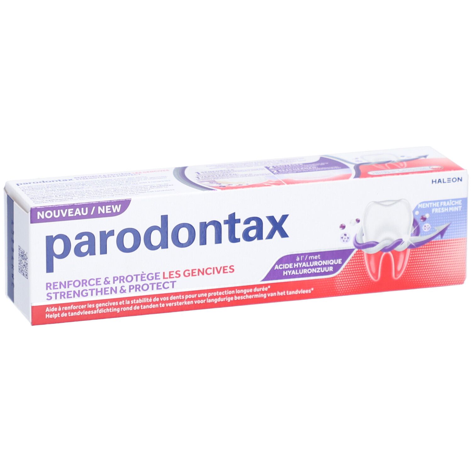 Tandpastadoos. Parodontax, Strengthen & Protect, Fresh Mint. Wit, rood, paars. Tekst: Nieuw.
