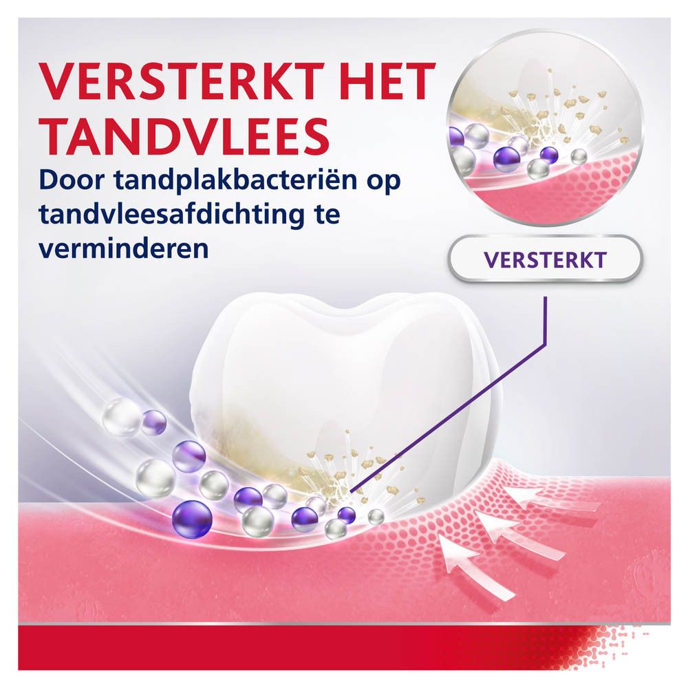 Tandpasta tube en doos. Parodontax, Fresh Mint. Wit, rood, paars. 75 ml.