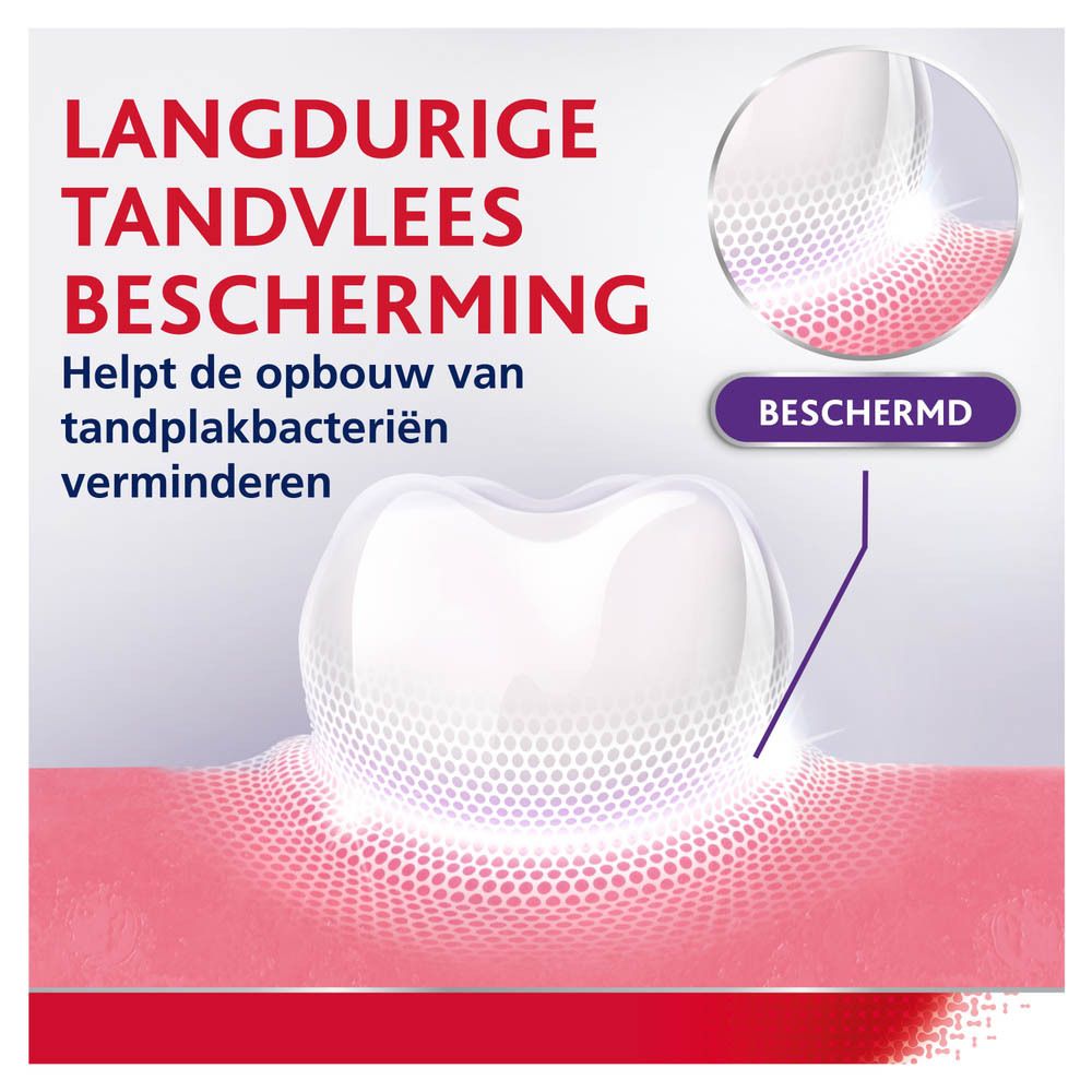 Tandpasta tube. Parodontax, Fresh Mint. Wit, rood, paars. 75 ml.