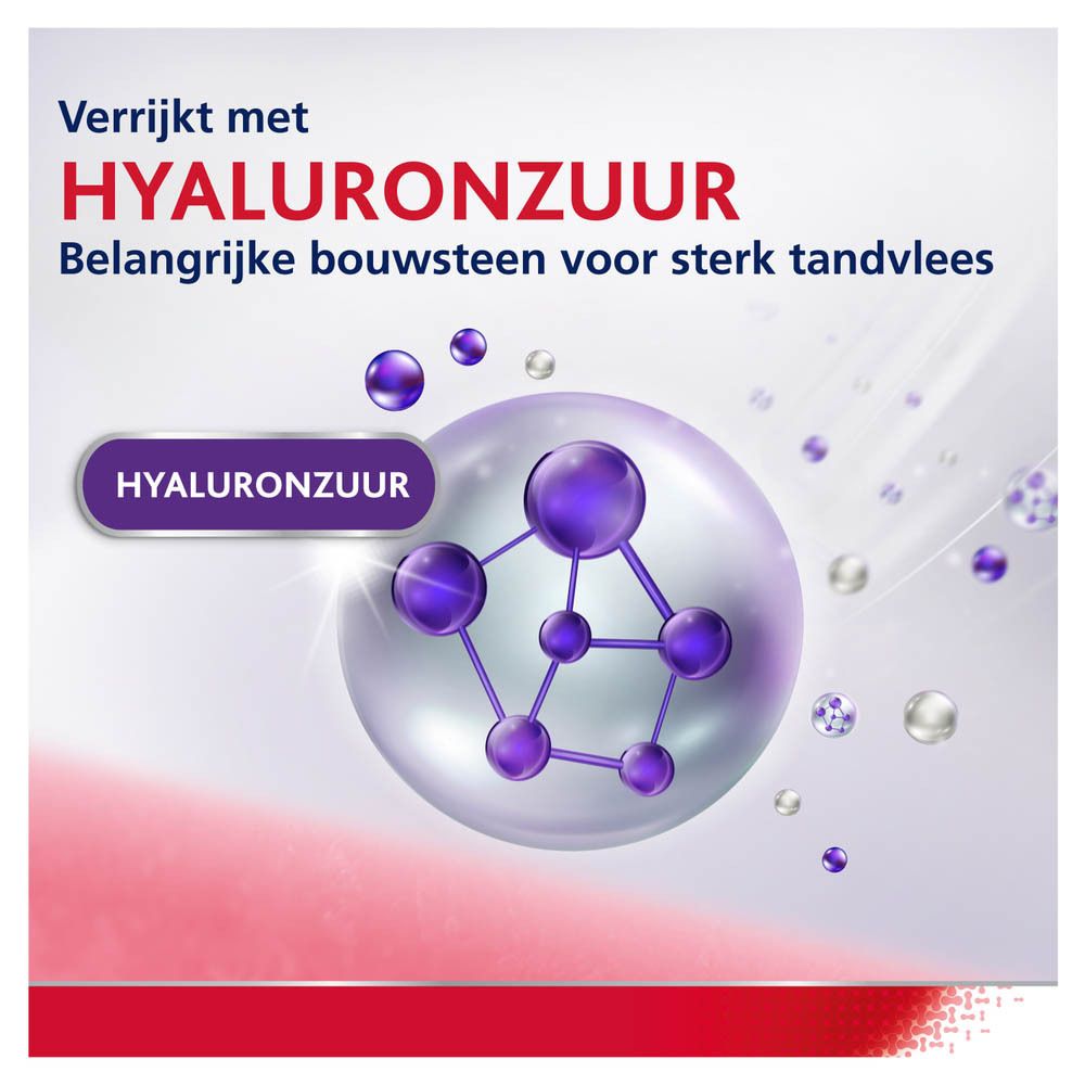 Illustratie van tand en tandvlees. Tekst: Versterkt het tandvlees.