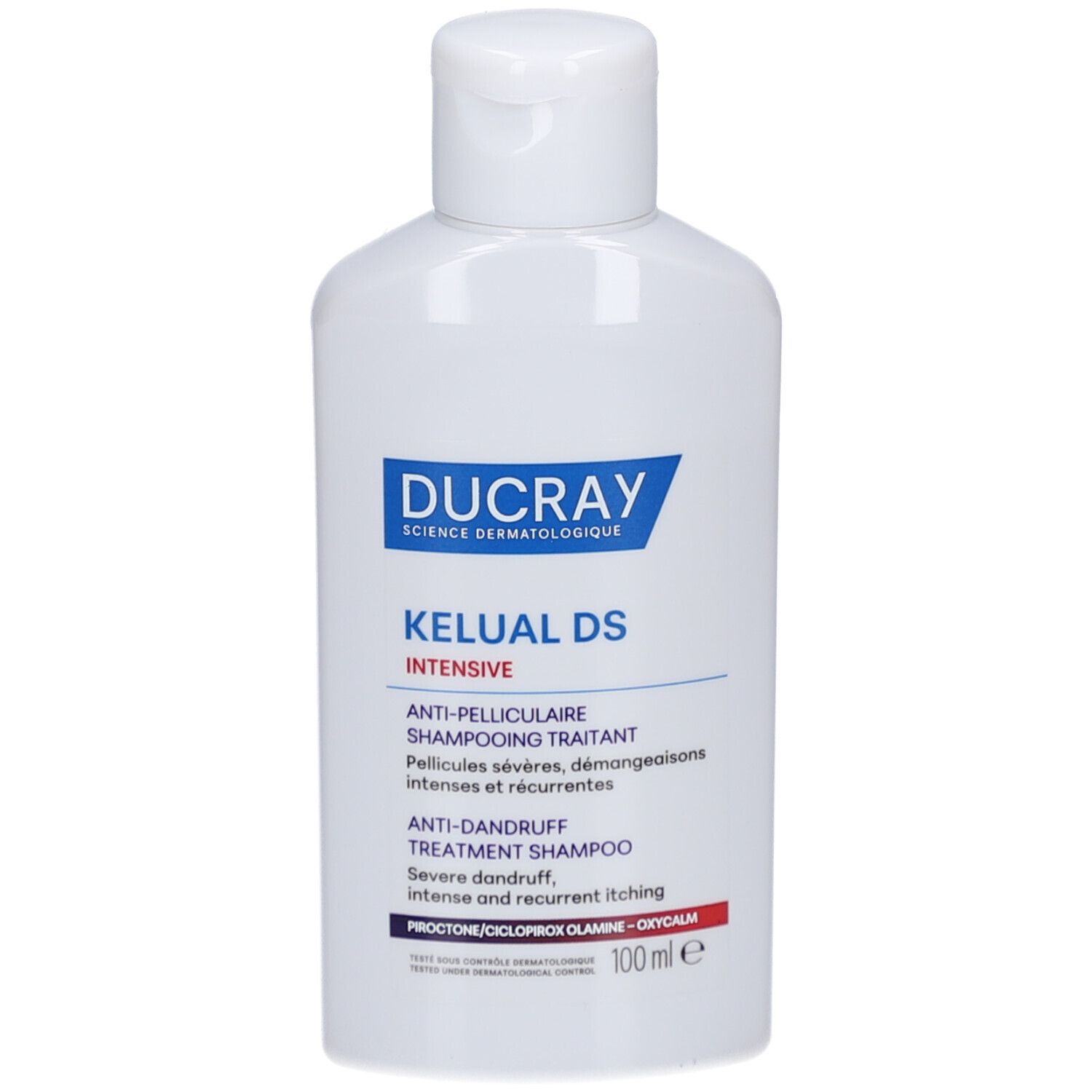 Weiße Flasche Ducray Kelual DS Intensiv Anti-Schuppen Shampoo, 100 ml.