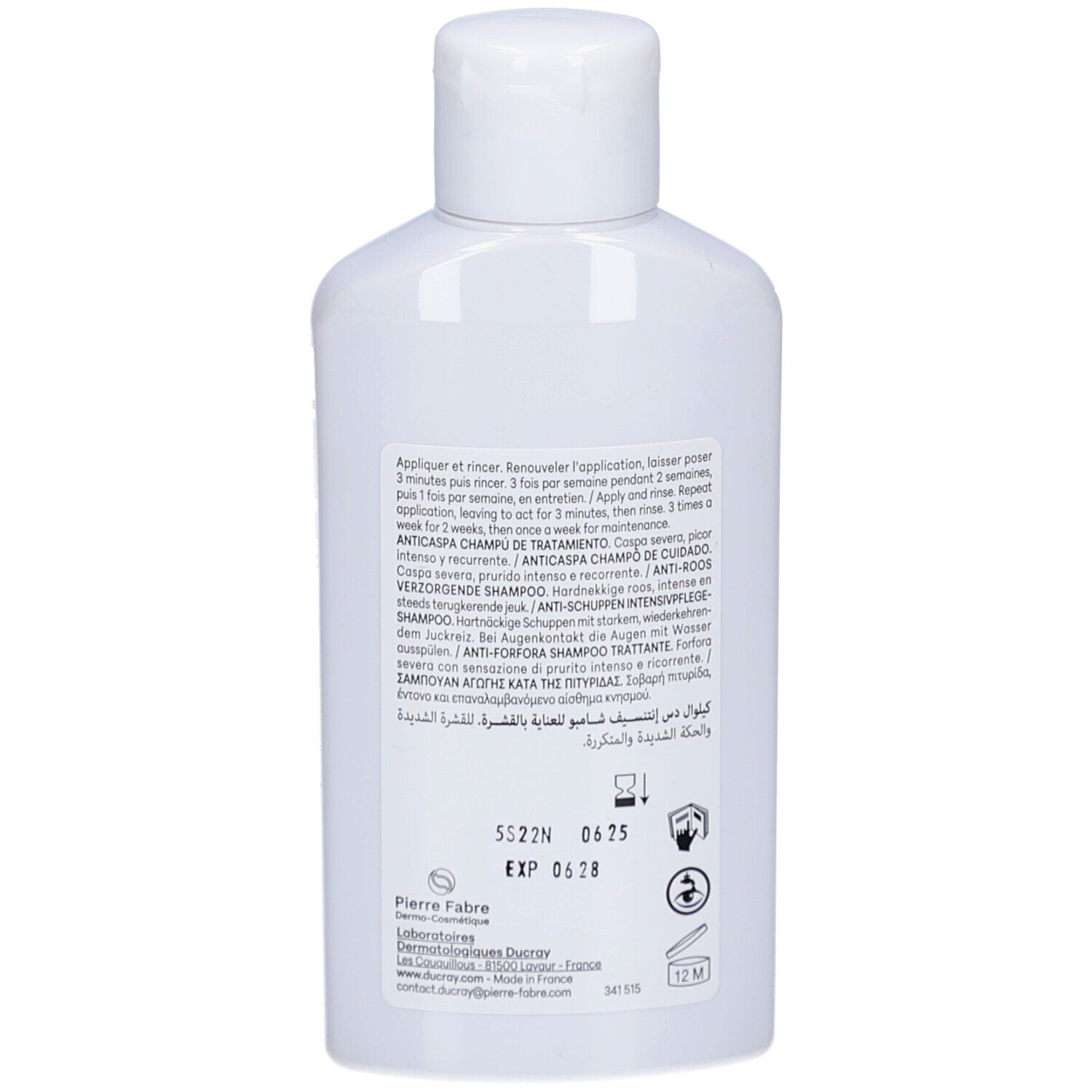 Weiße Flasche mit Shampoo, Rückseite mit Anwendungshinweisen und Herstellerinformationen.