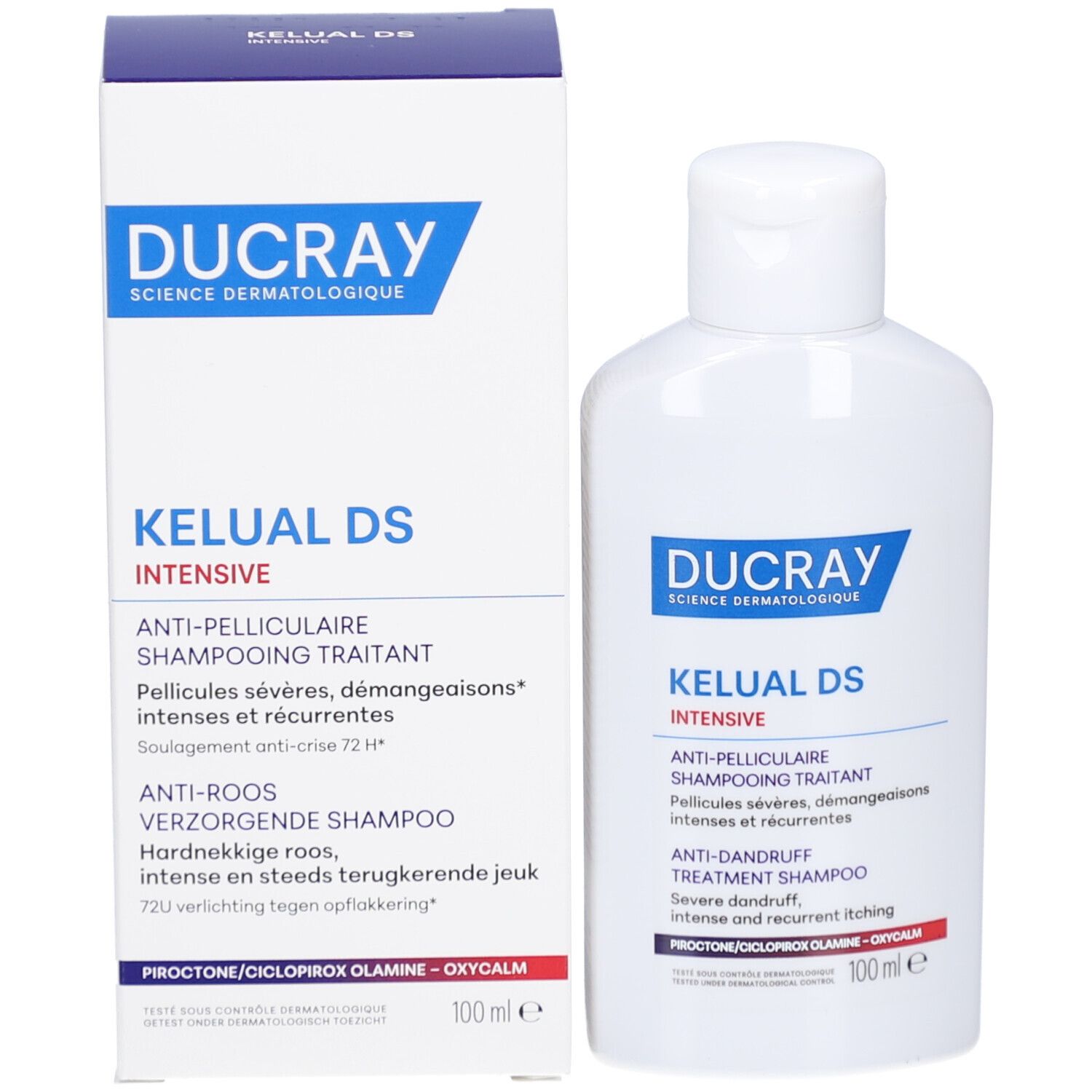 Ducray Kelual DS Intensiv Anti-Schuppen Shampoo, 100ml Flasche und Karton.