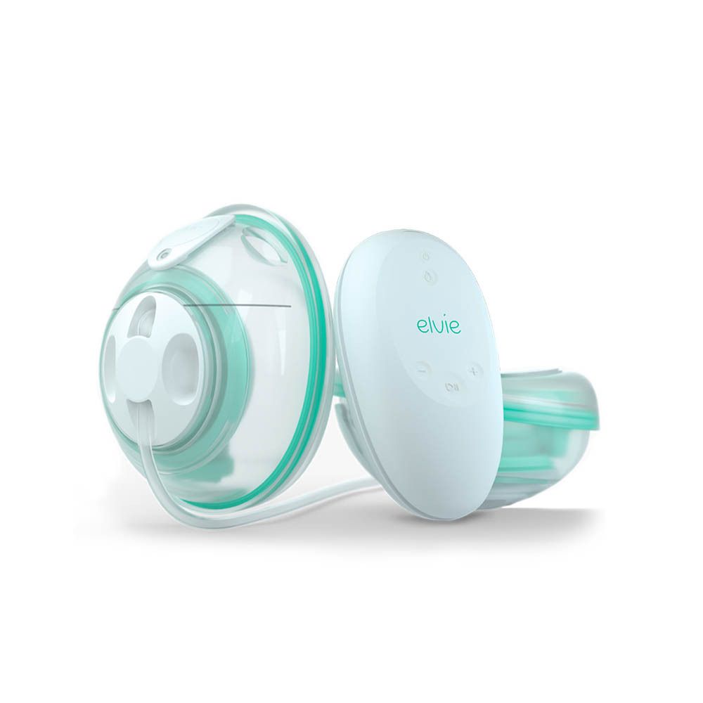 Elvie Stride dubbele borstkolf. Twee borstschelpen, een motor en een kabel. Lichtgroene en witte kleuren.
