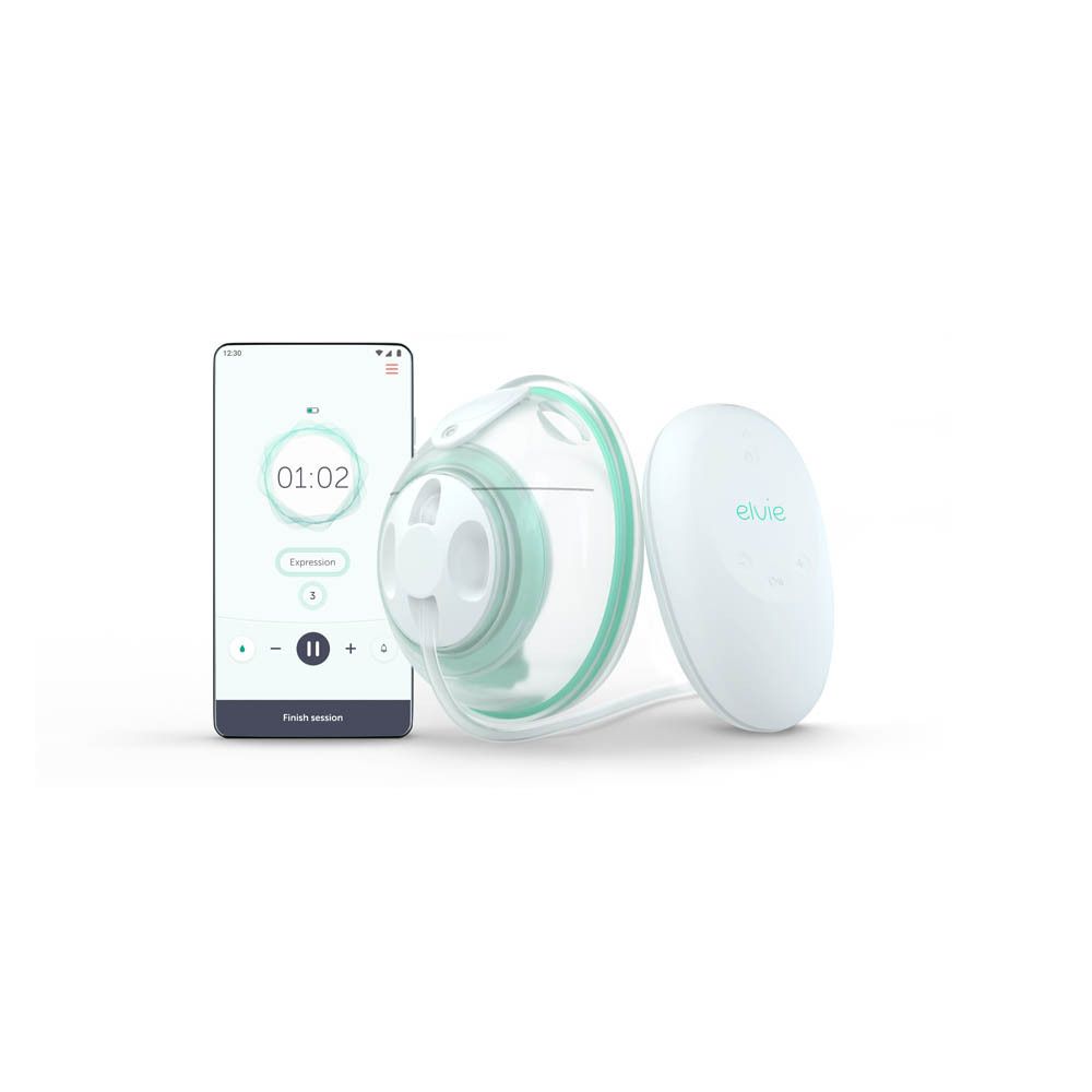 Pompe mammaire électrique Elvie Stride avec smartphone. Pompe, smartphone et unité de contrôle.