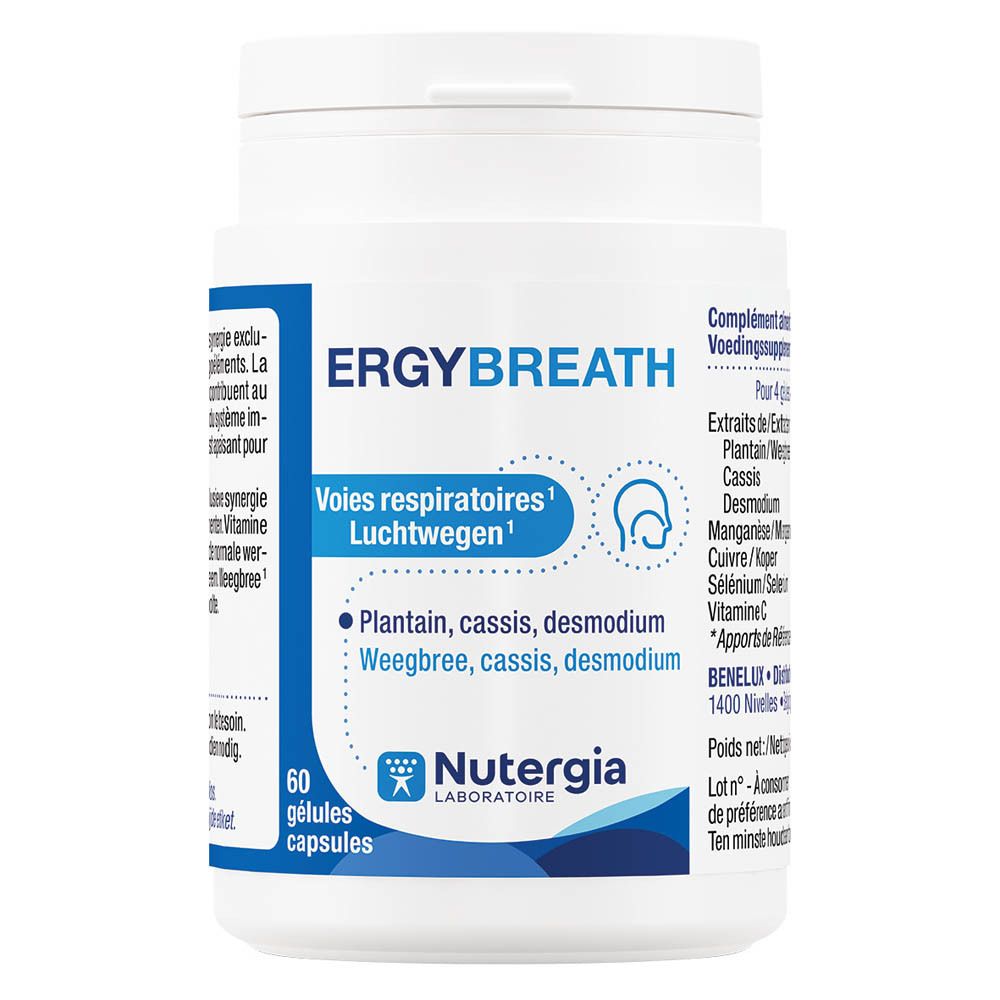 Witte fles met capsules. Opschrift: Ergybreath, Voies respiratoires, NUTERGIA.
