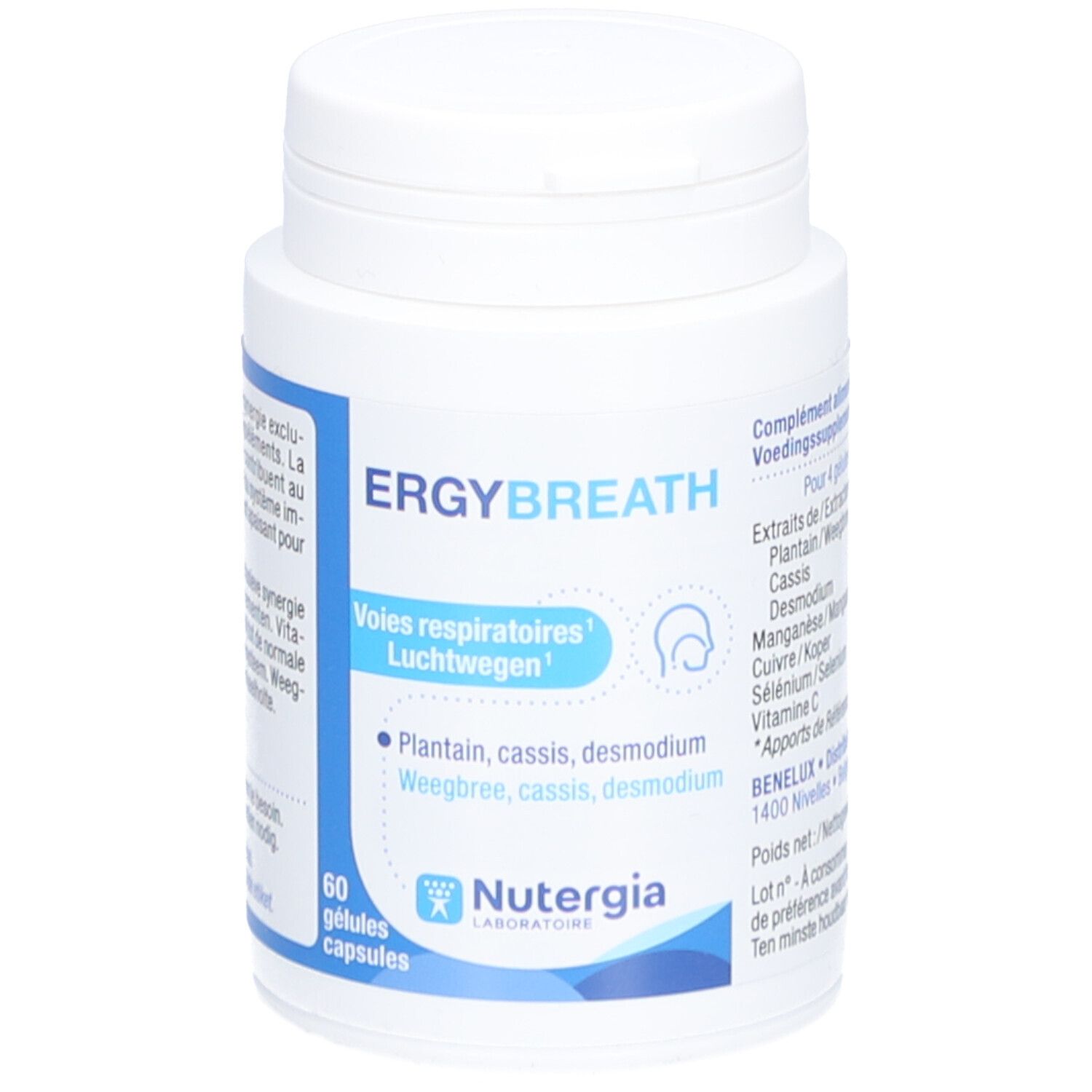 Witte fles met capsules. Opschrift: Ergybreath, Voies respiratoires, NUTERGIA.