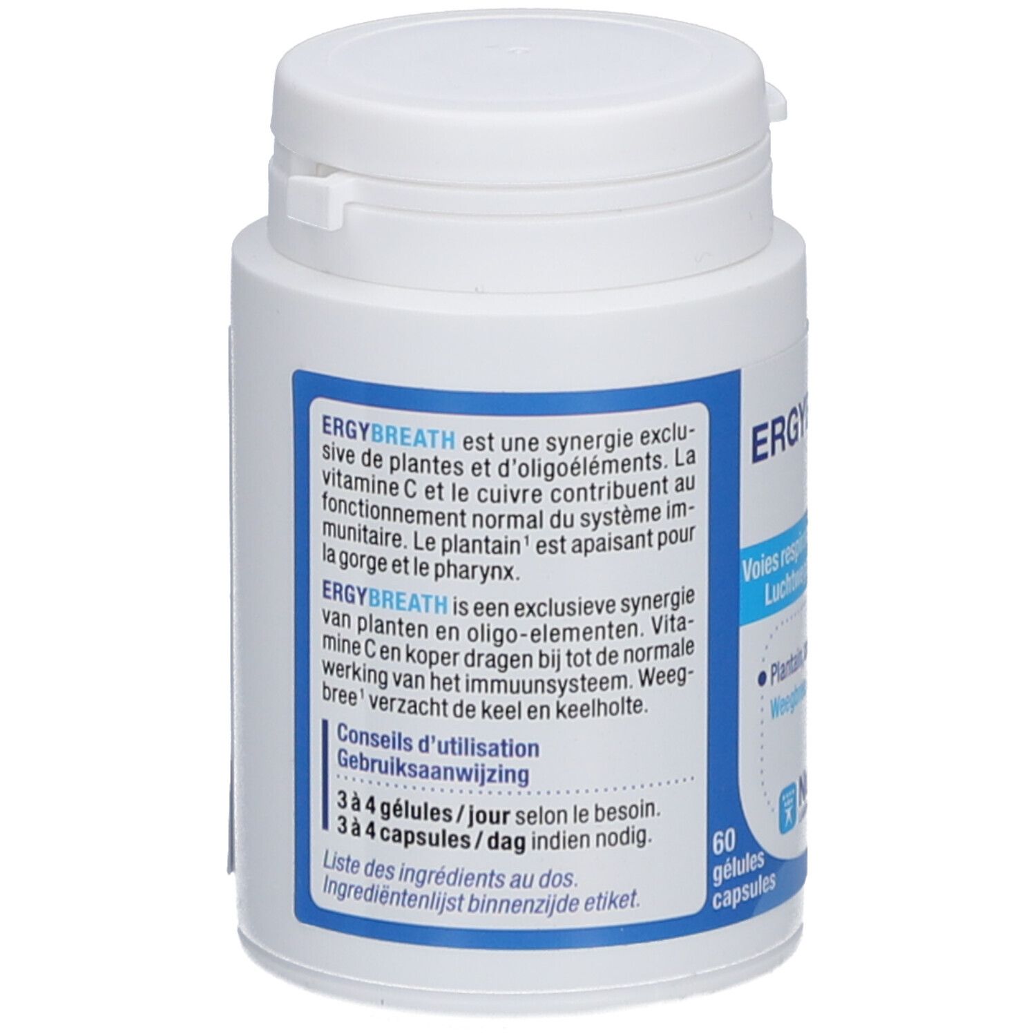 Achterkant van de witte fles met tekst. Opschrift: Ergybreath, 60 gélules, NUTERGIA.