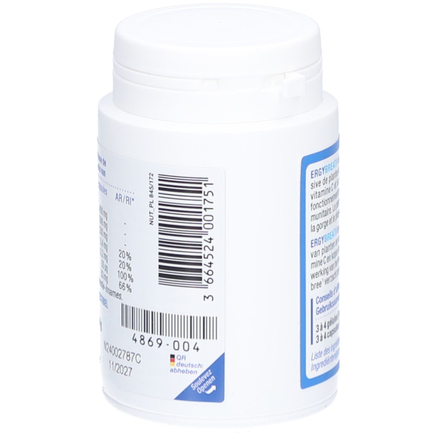 Achterkant van de witte fles met tekst en barcode. Opschrift: Ergybreath, NUTERGIA.