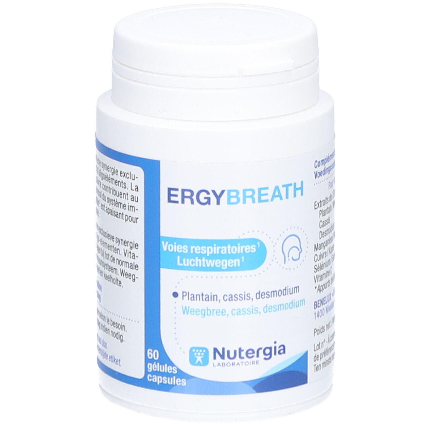 Witte fles met capsules. Opschrift: Ergybreath, Voies respiratoires, NUTERGIA.