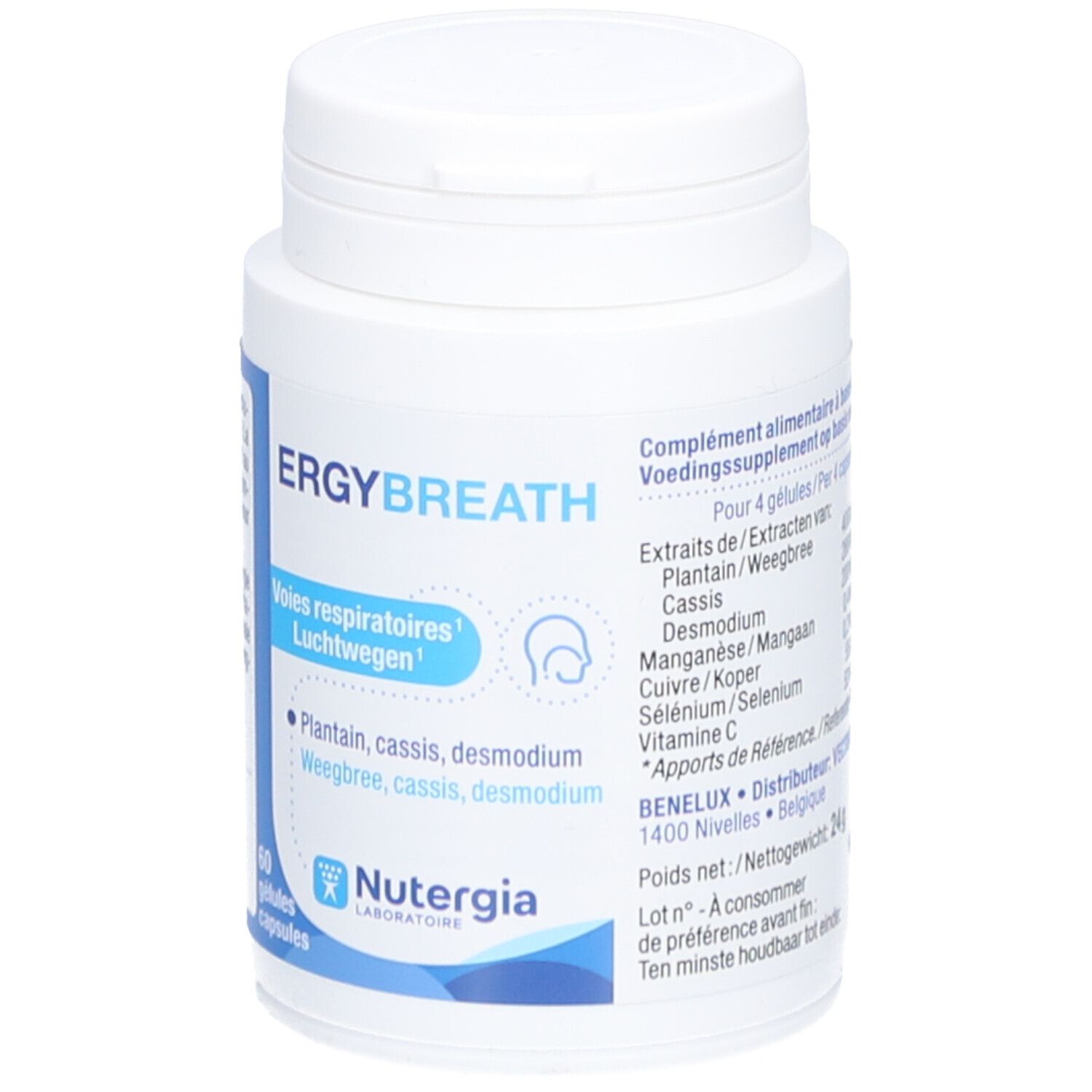 Witte fles met capsules. Opschrift: Ergybreath, Voies respiratoires, NUTERGIA.