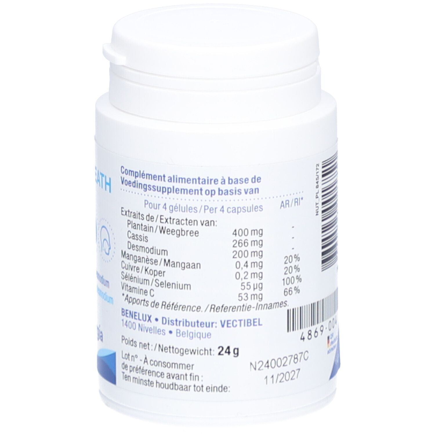 Achterkant van de witte fles met tekst. Opschrift: Ergybreath, 24g, NUTERGIA.