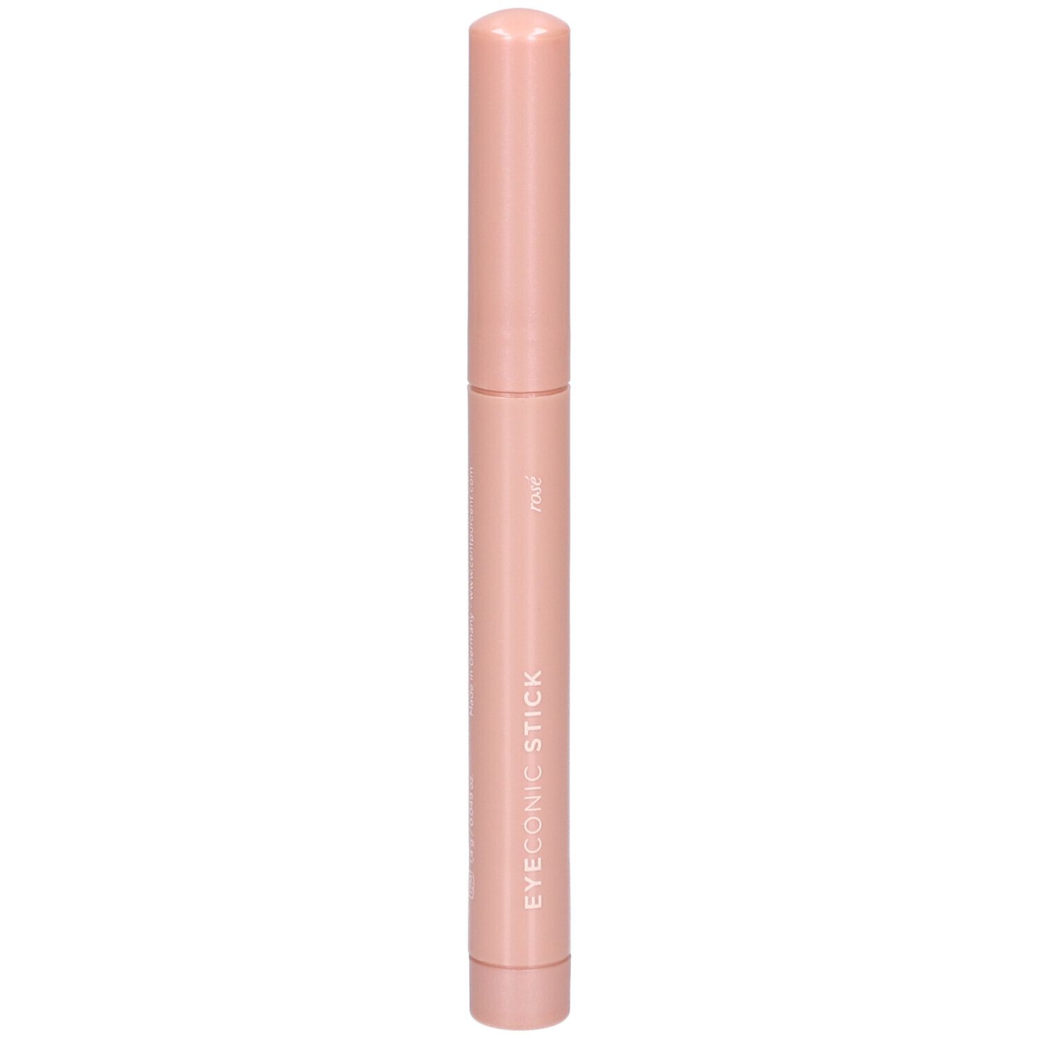 Rosa Kosmetikstift mit Schriftzug EYEONIC STICK. Zylindrische Form mit abgerundeten Enden. Logo auf dem Stift.